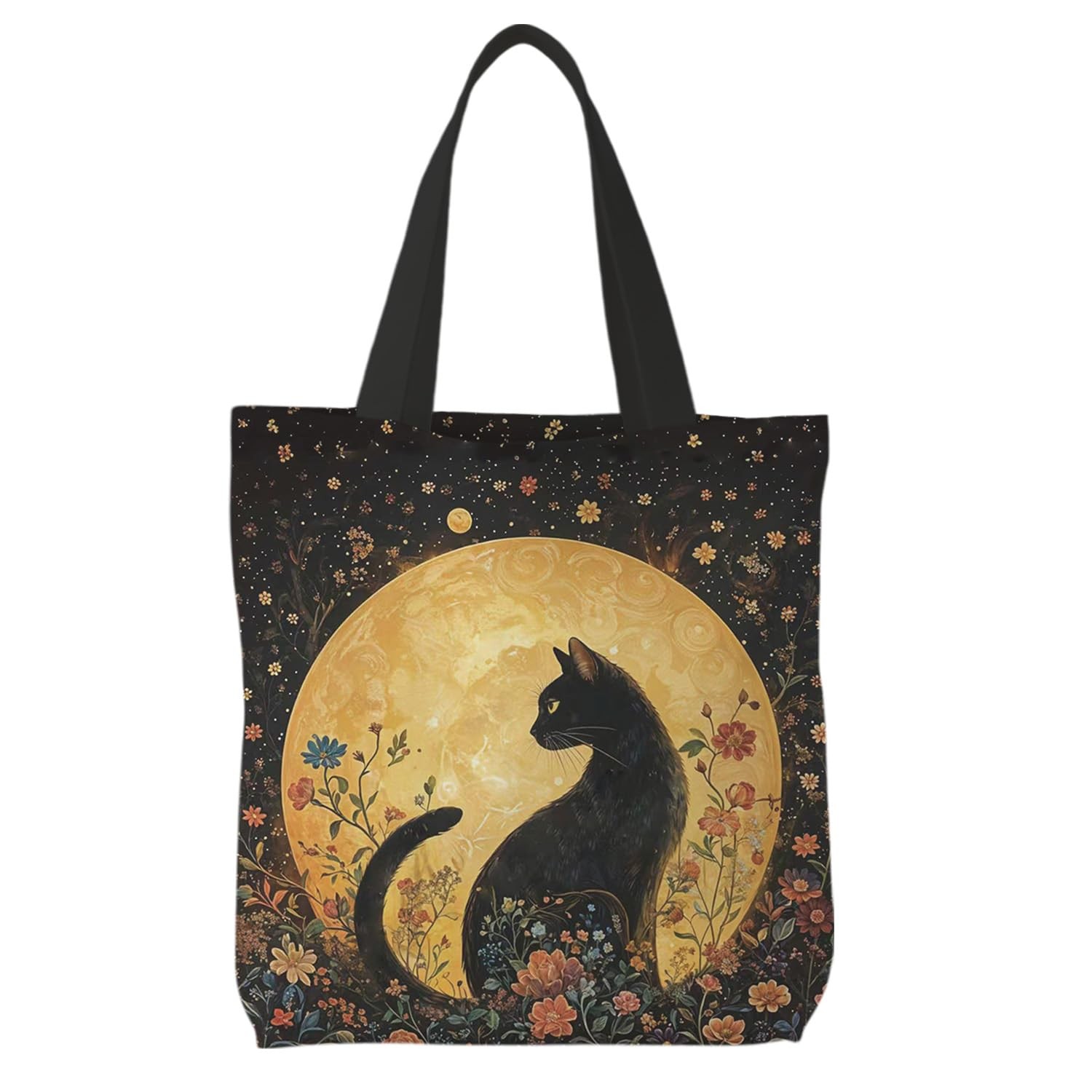 Celestial Witchy Black Cat Tote Bag for , Art Nouveau Floral Moon Cat Canvas …