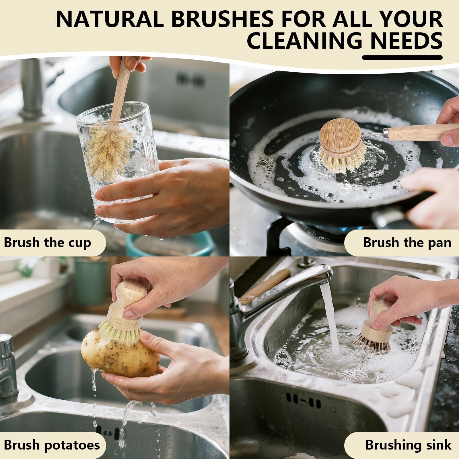 5 Pack Dish Brush Set, Wooden Dish Brush with 14’’ Bottle Brush, Natural Kitc…