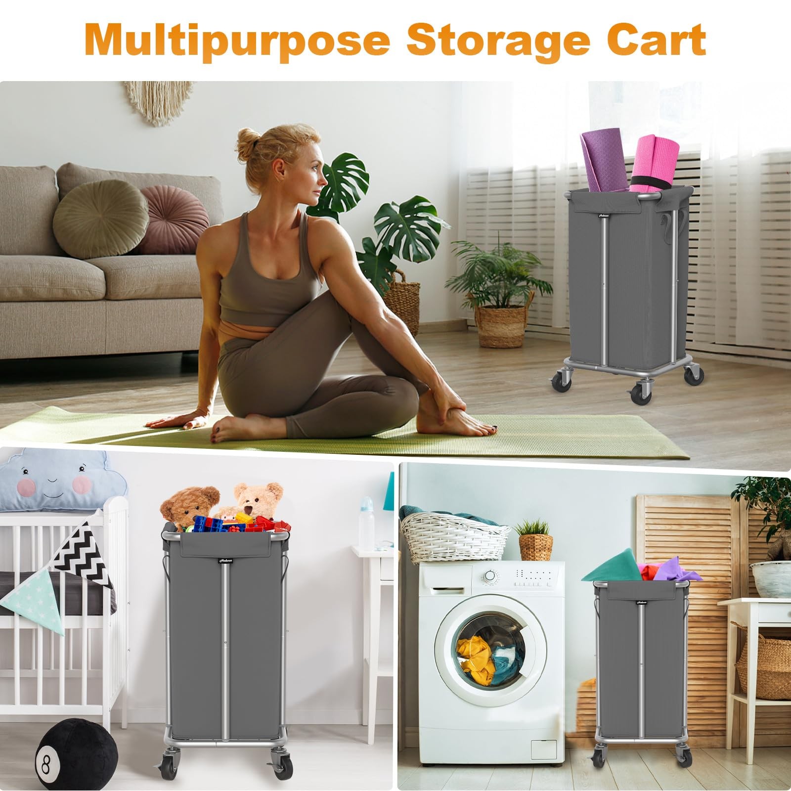 Rolling Laundry Hamper Wheels Removable Washable Liner Steel Frame 115L Gray