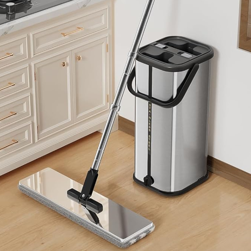 Flat Mop Bucket Set Separate Dirty Water Stainless Steel Bucket 2/4/6 Pads