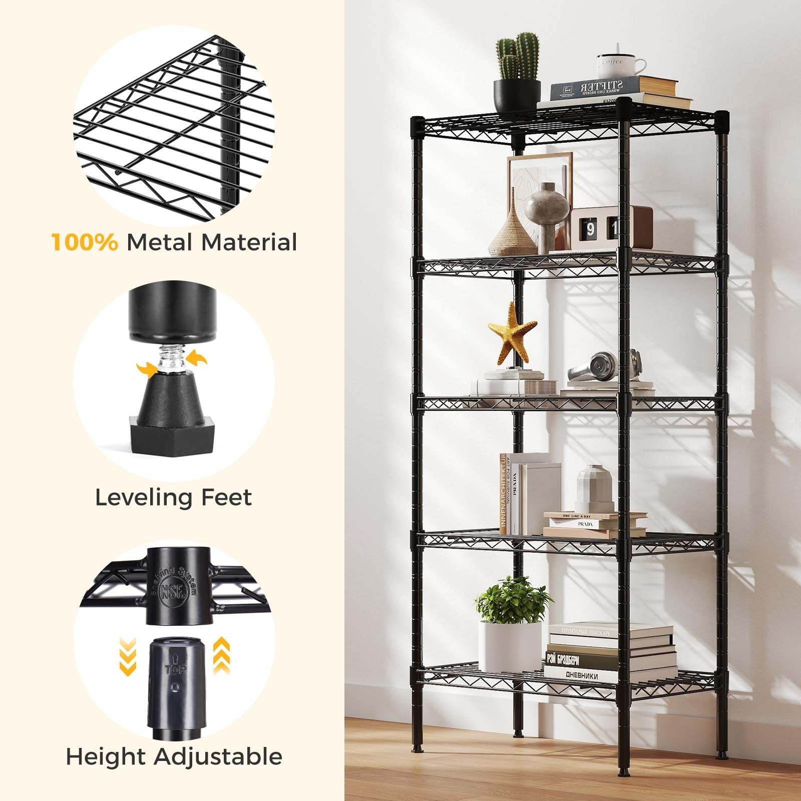 NEWBULIG 5-Tier Wire Storage Shelves, 200 lbs Heavy Duty Steel Rack, Black