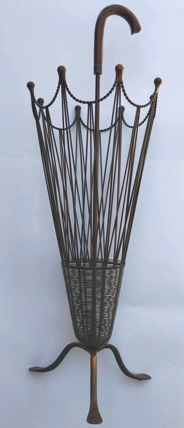 MCM Umbrella Shaped Stand Canes Umbrellas Copper Wire Wood handle 32” X 11.5”