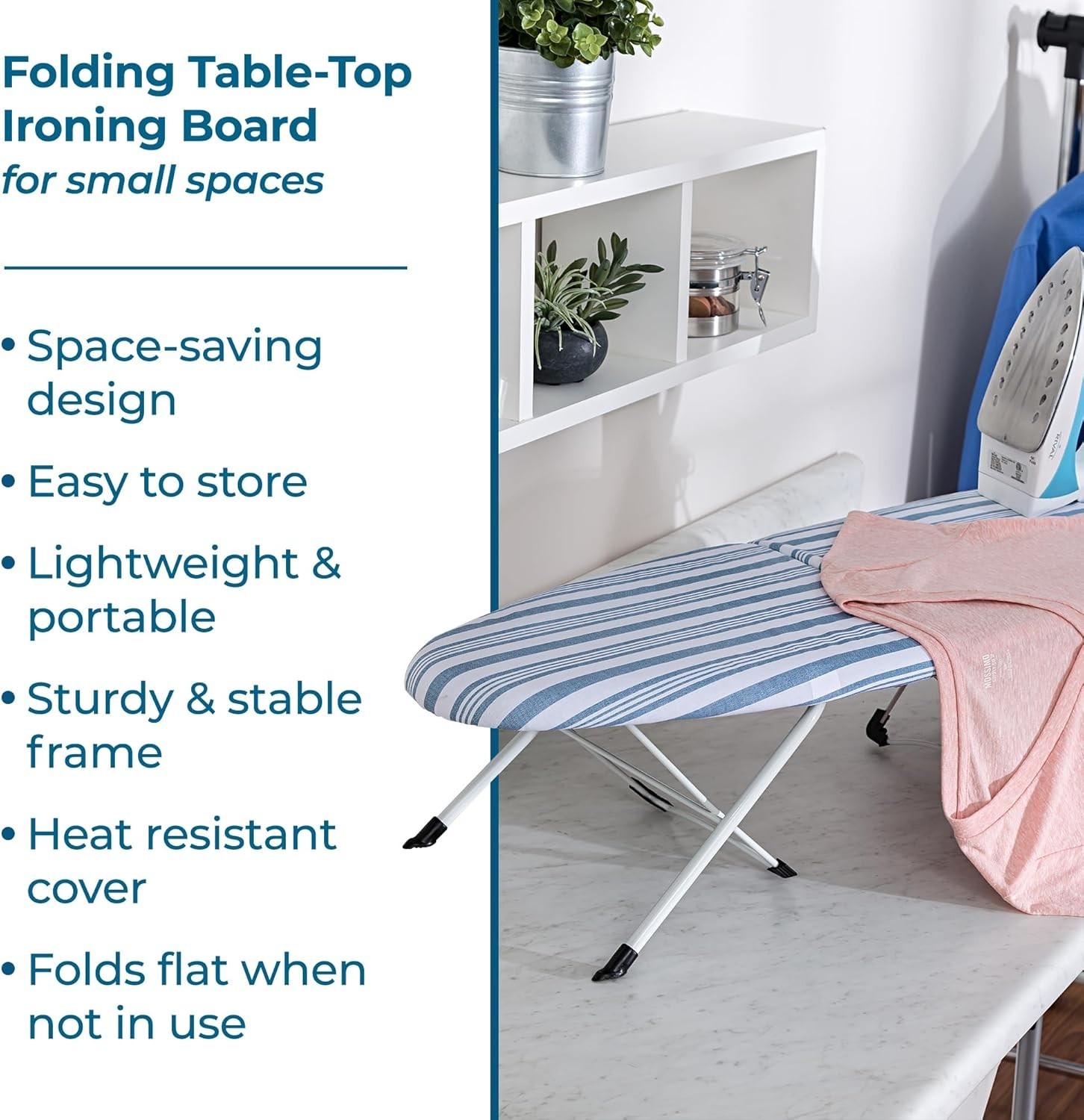 Folding Tabletop Ironing Board with Iron Rest, Blue, 32” L X 12” W, Steel Frame