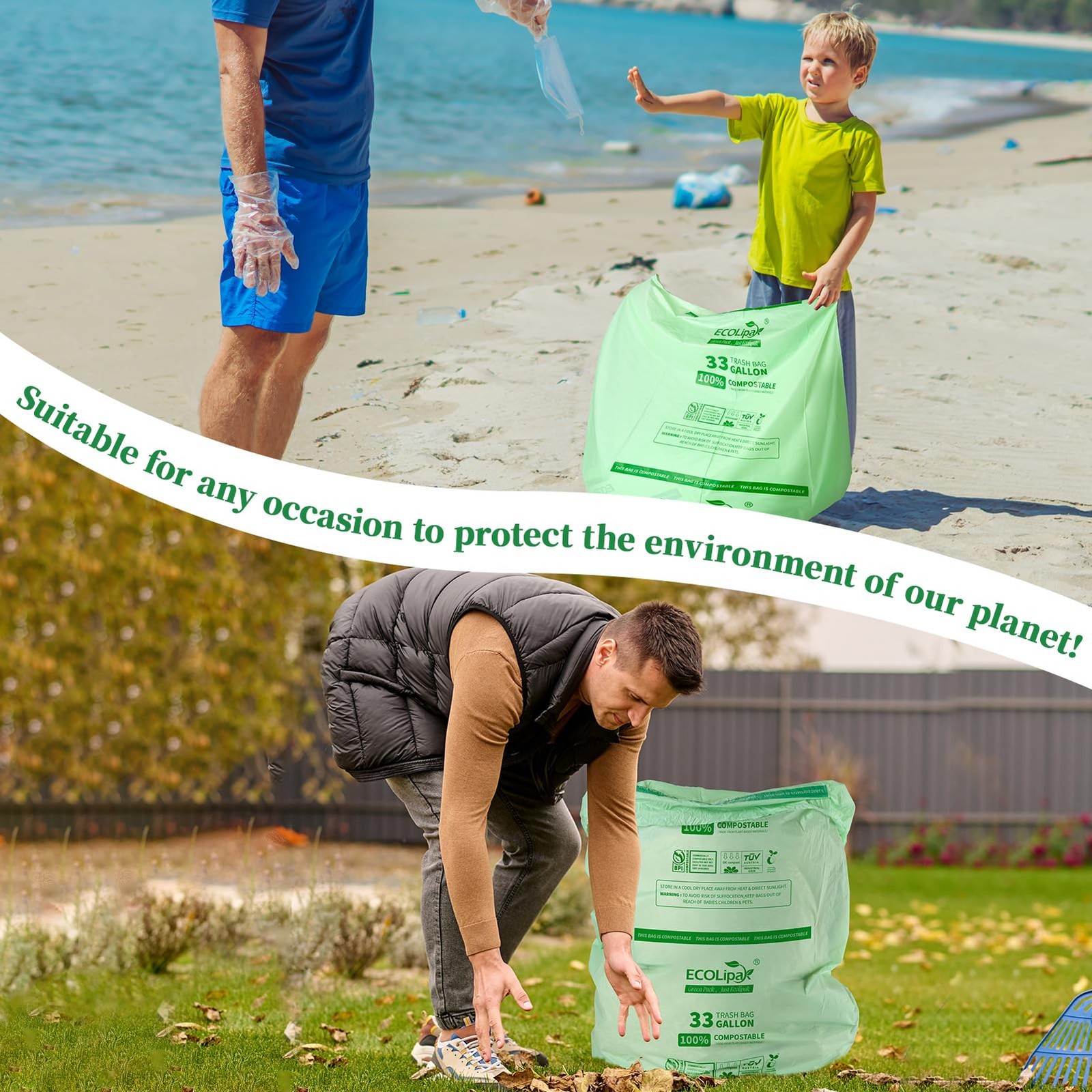 ECOLipak 33 Gallon Compostable Trash Garbage Bags, 50 Count (2 Rolls) Biodegr…