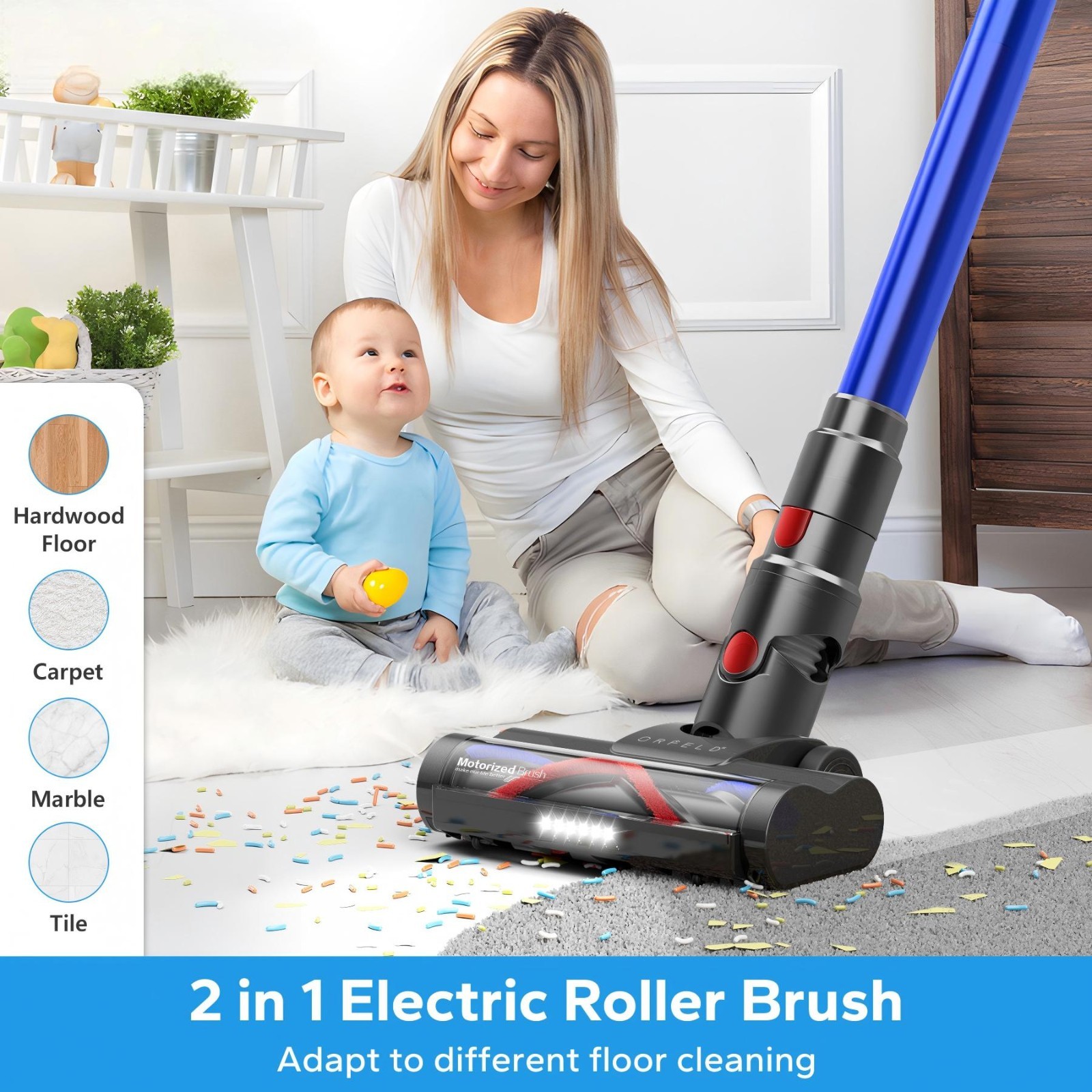 Cordless Vacuum Cleaner 65KPa Lightweight Pet Hair Carpet Hardwood Stick 1.5L