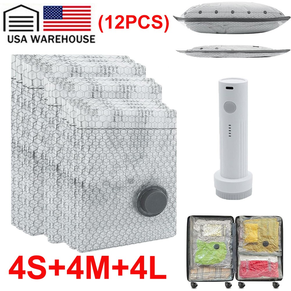 12 Pack Travel Vacuum Bags With Rechargeable Air Pump Carry-On Compression Bags