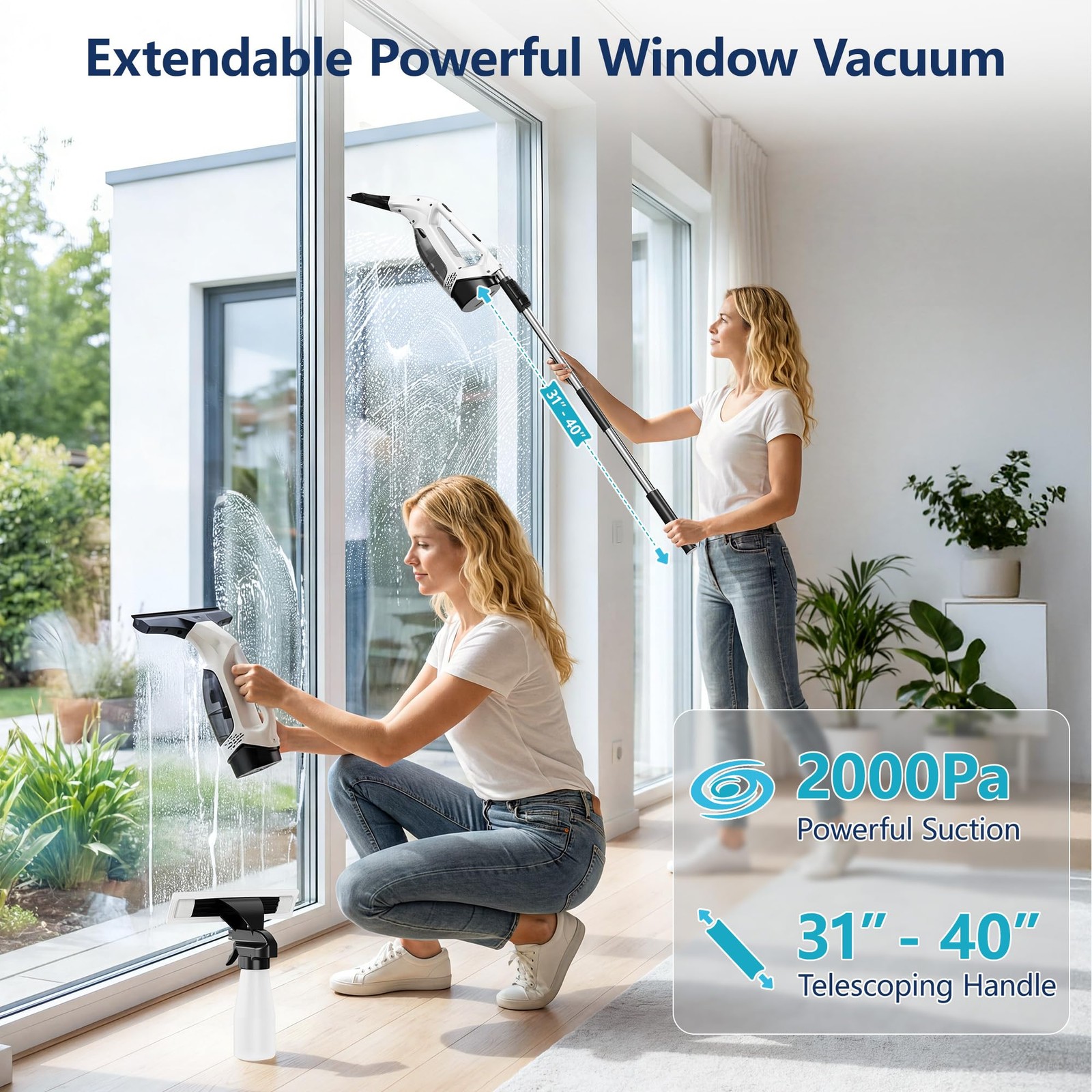 ZRHI Window Vacuum Squeegee with Extendable Pole 31-40″, L-0602-DGW1, Ivory