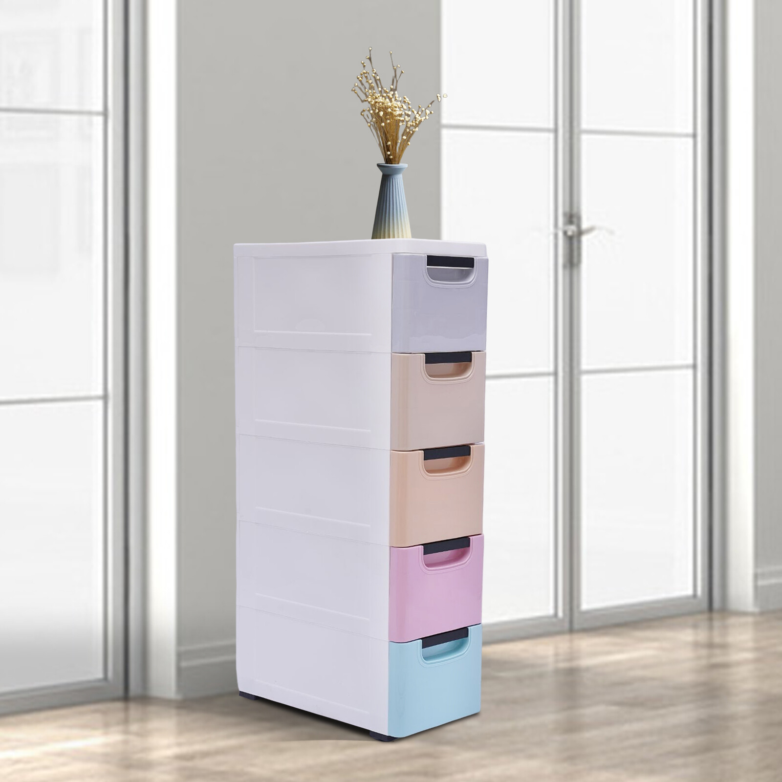 5-Drawer Stackable Plastic Storage Cabinet With Wheels – Multicolor
