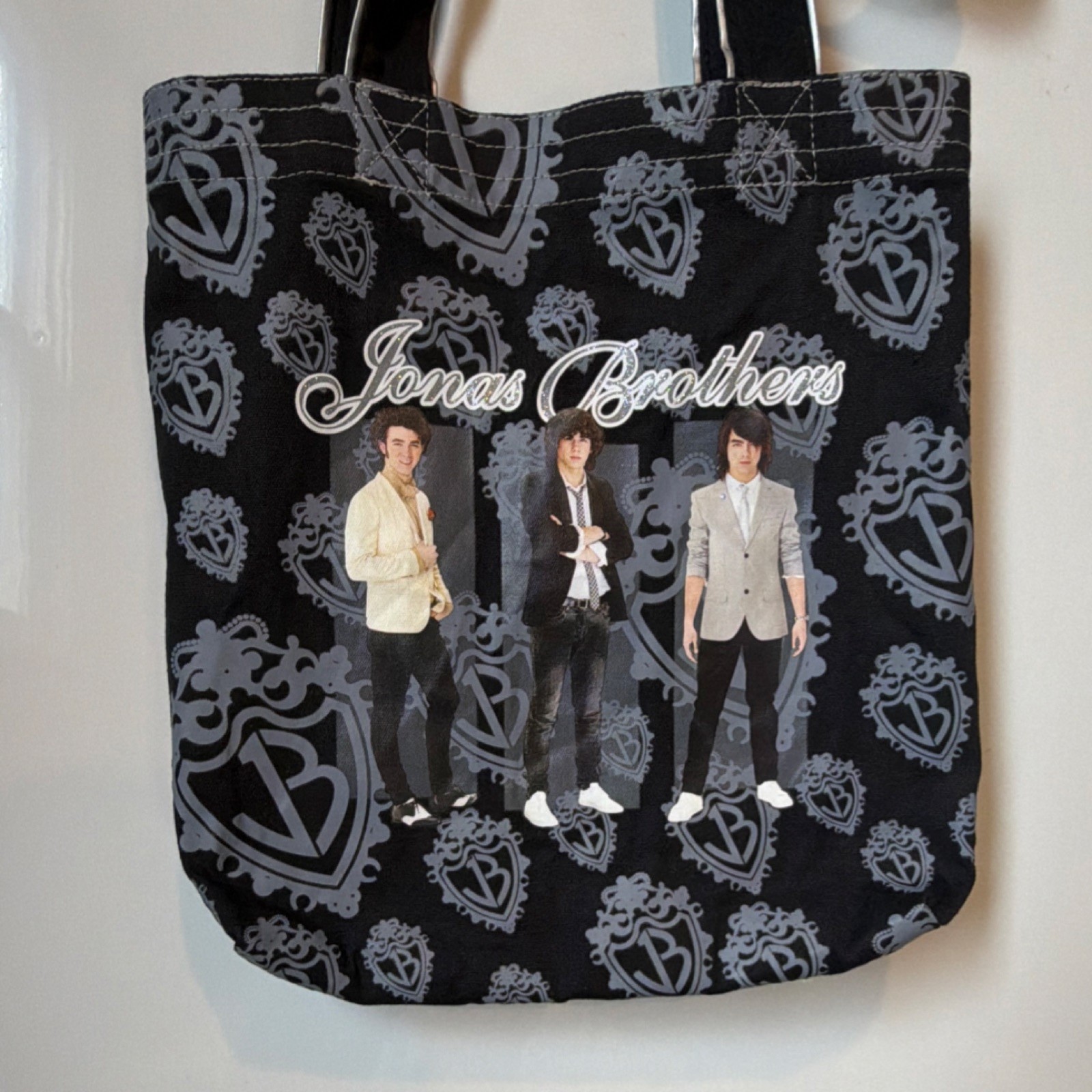 Jonas Brothers Reusable Canvas Shopping Bag Foldable Black All-Over Pattern