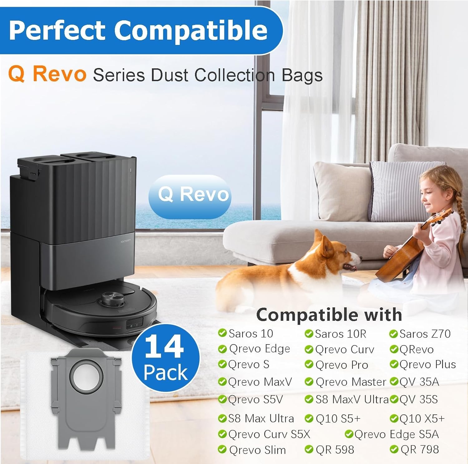 14 Pack Dust Bags Replacement for Roborock QV 35A/Qrevo S5V/QV35S/Saros 10/10