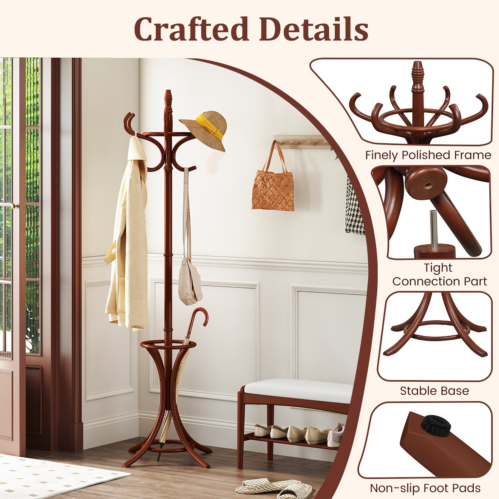 Wood Standing Hat Coat Rack Jacket Bag Hanger Tree 12 Hooks Reddish Brown w/