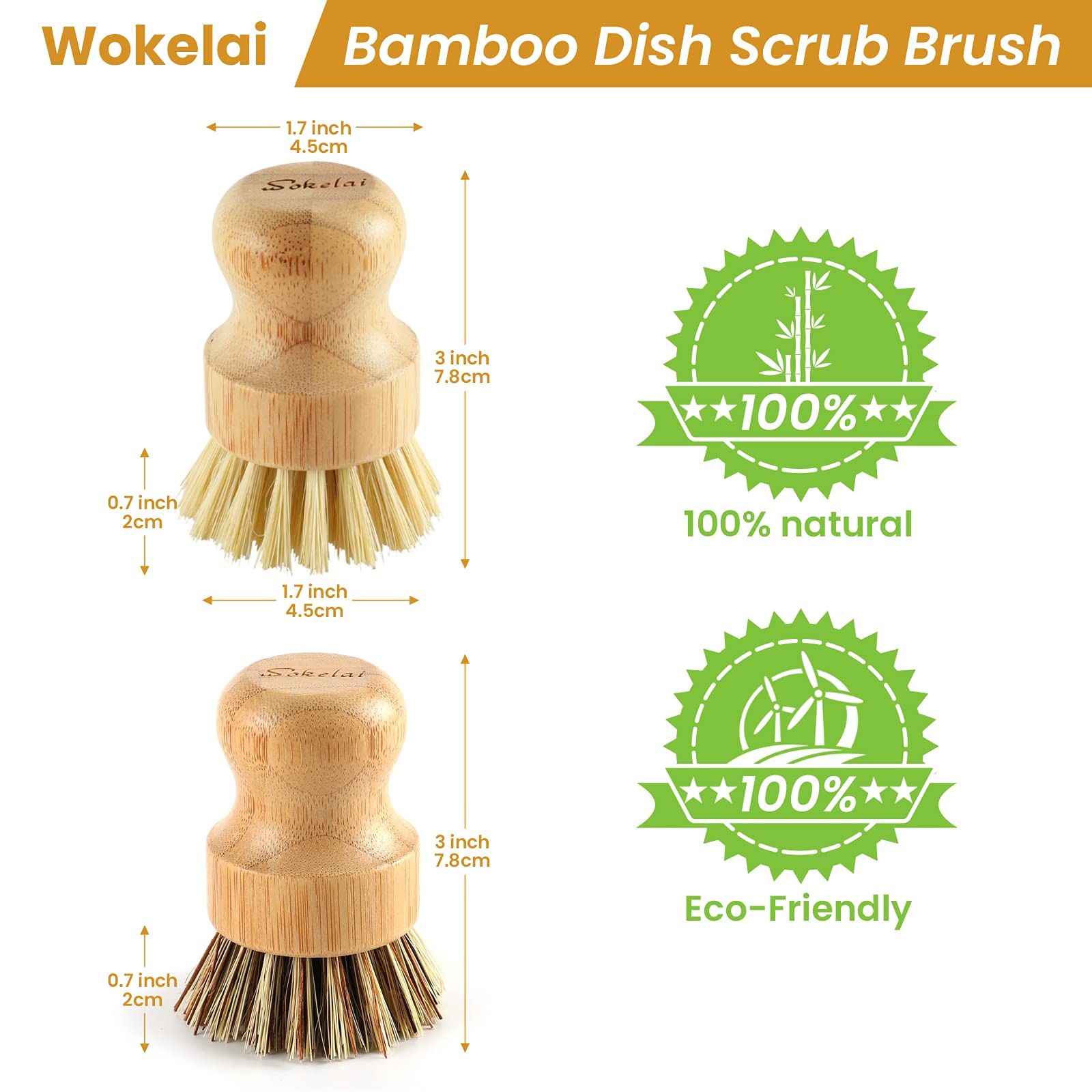 Bamboo Dish Scrub Brushes Set for Kitchen – Wooden Large (Pack of 2), Beige