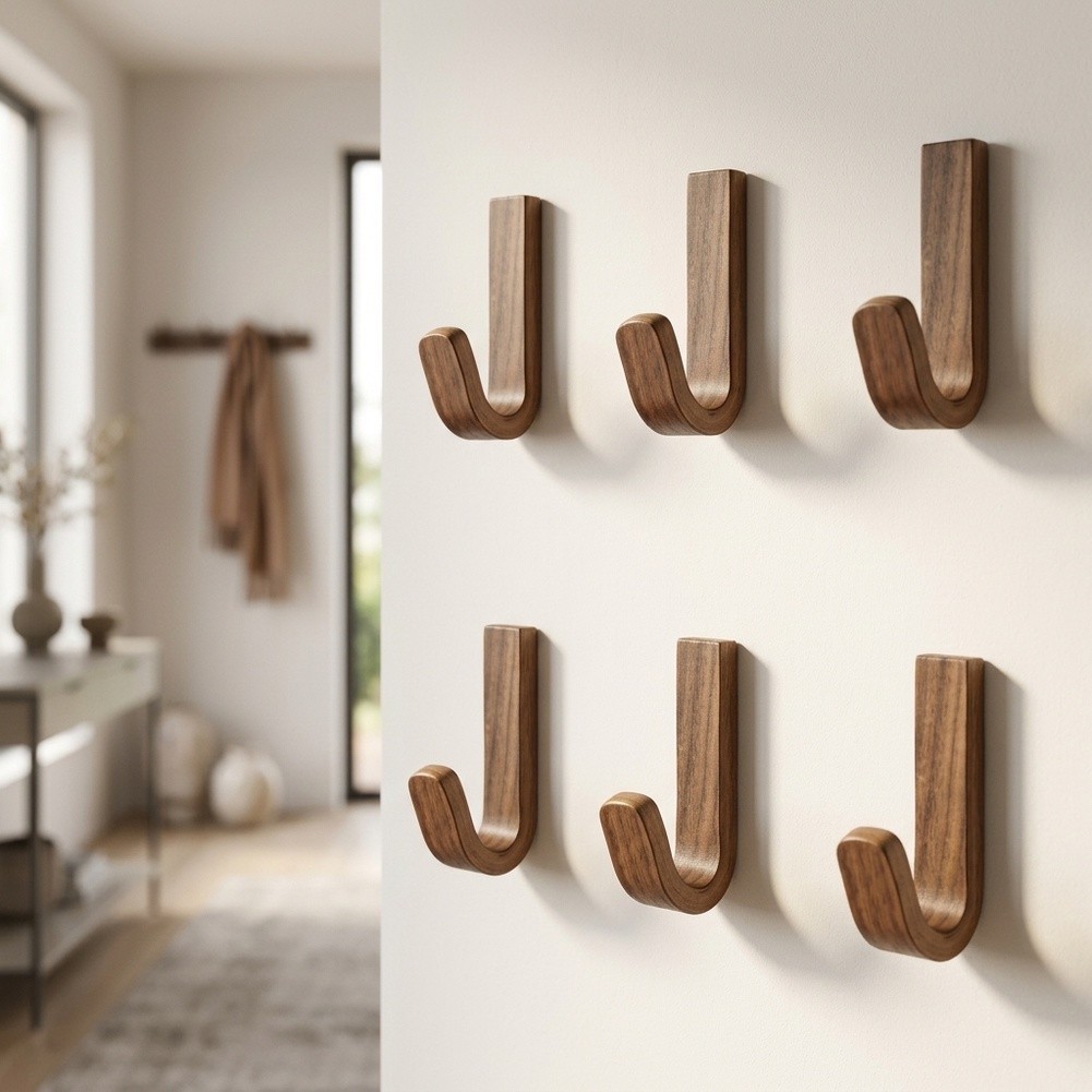 Walnut Wood Wall Hooks Easy Install No Tools 3.5 cm by 6.5 cm Dimensions
