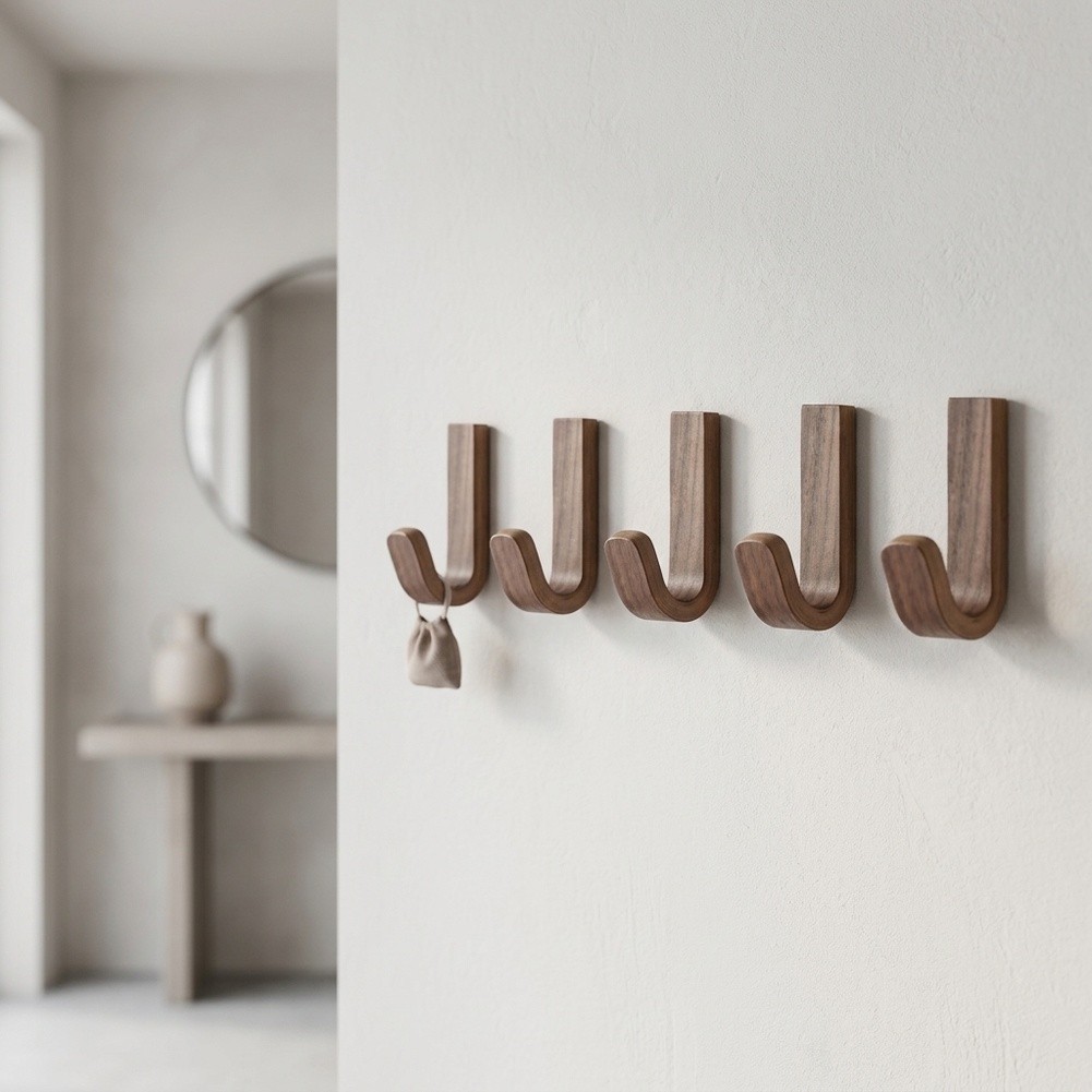 Walnut Wood Wall Hooks Easy Install No Tools 3.5 cm by 6.5 cm Dimensions
