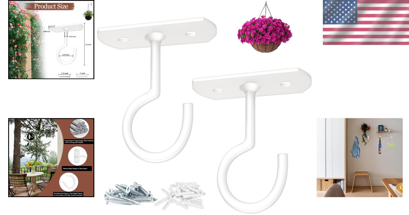 Versatile 2.5in White Plant Hanging Hooks – 50 lbs Capacity, Ideal for Decor