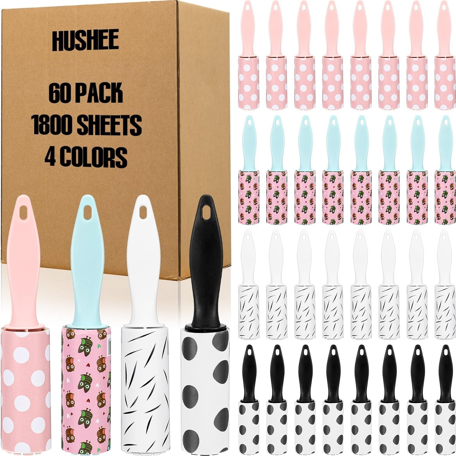 Hushee 60 Pcs Bulk Mini Lint Roller for Pet Hair and White, Blue, Black, Pink