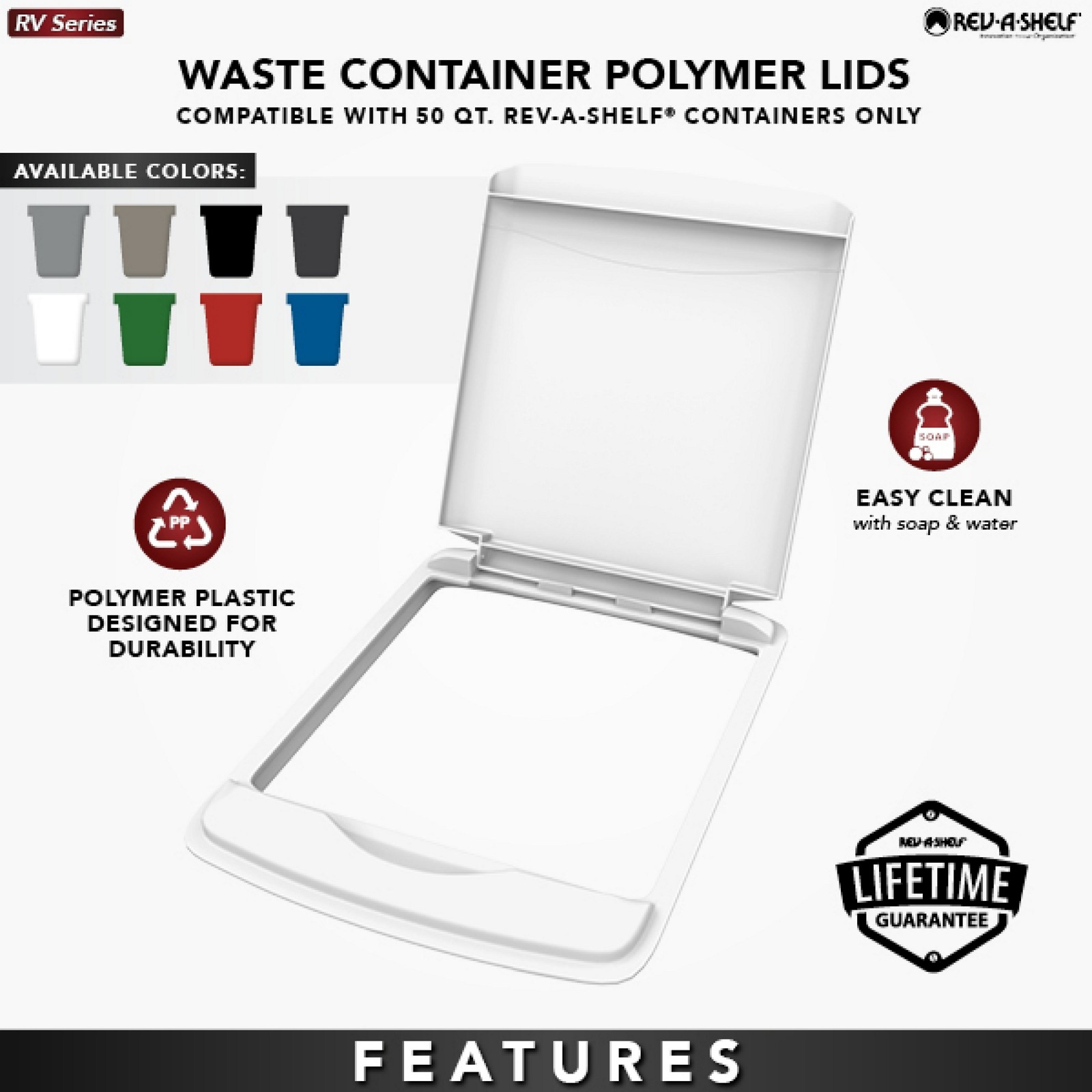Rev-A-Shelf 50 Qt Trash Can Replacement Lid, White (Lid Only) RV-50-LID-1-40