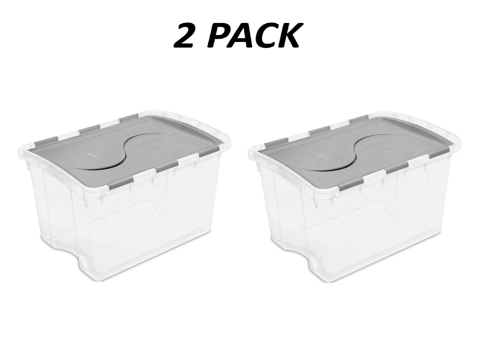 (2 Pack) Sterilite 48 Quart Medium Storage Bin Hinge Lid Clear Gray FlipLid.