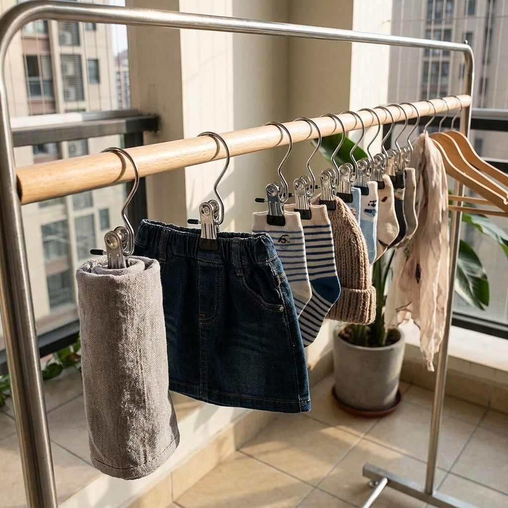 10Pcs Stainless Steel 3-Shape Hanging Clips – Space-Saving for Small Closets