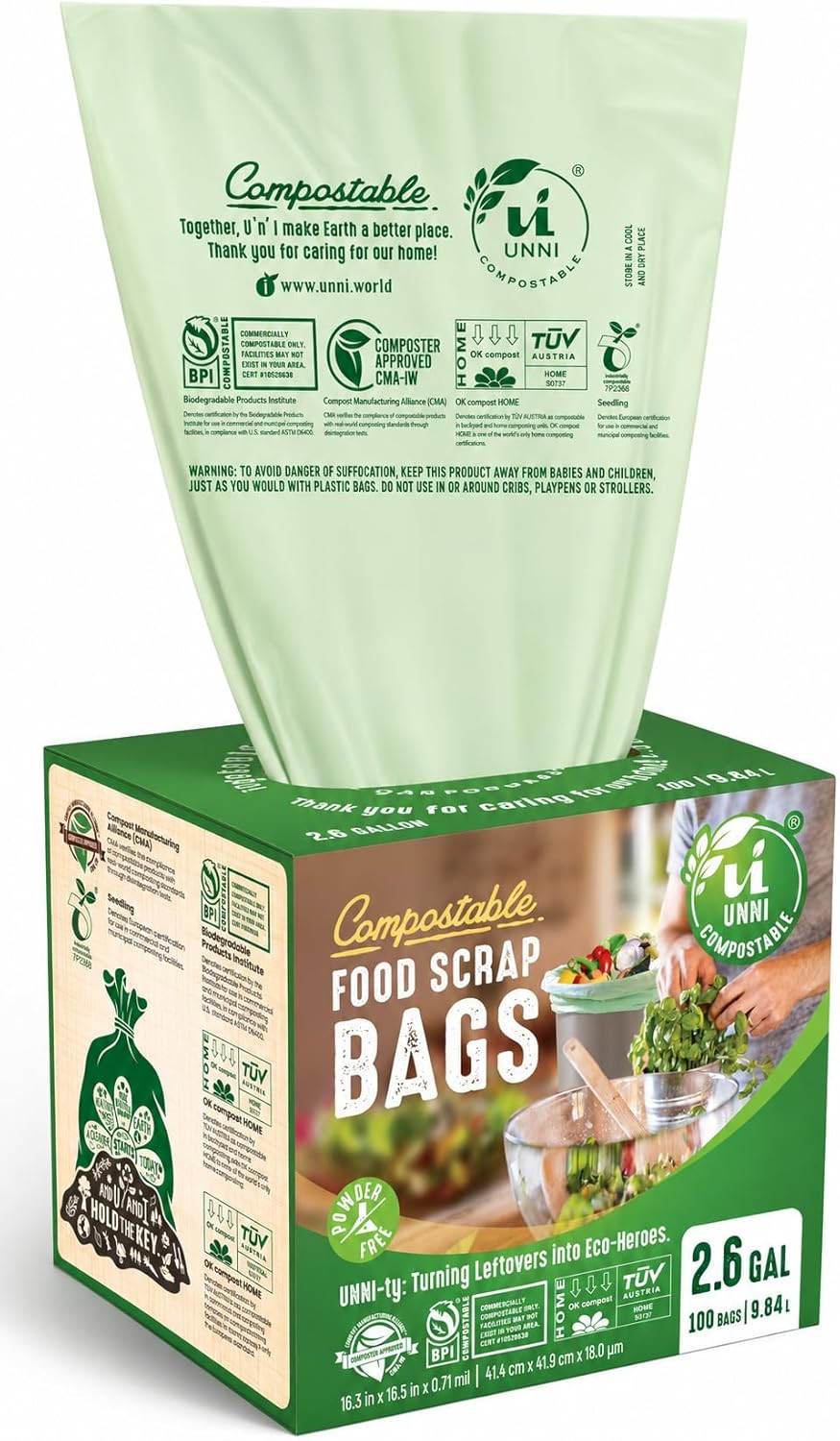 UNNI Compostable Trash Bags, 2.6 Gallon / 9.84 Liter, 100 Count, Extra Thick 0.7
