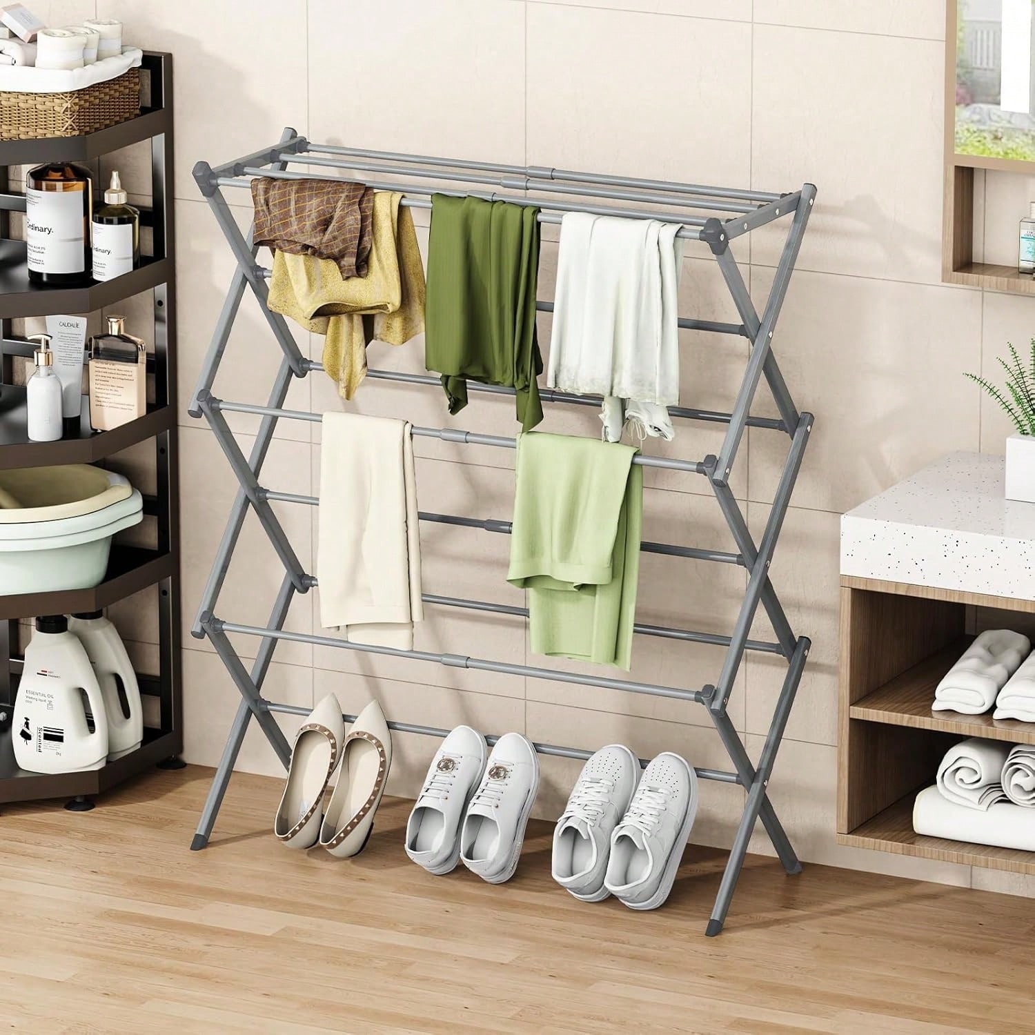 Sleek Foldable 3 Tier Stainless Steel Drying Rack Space Saving Indoor Laundry Hu