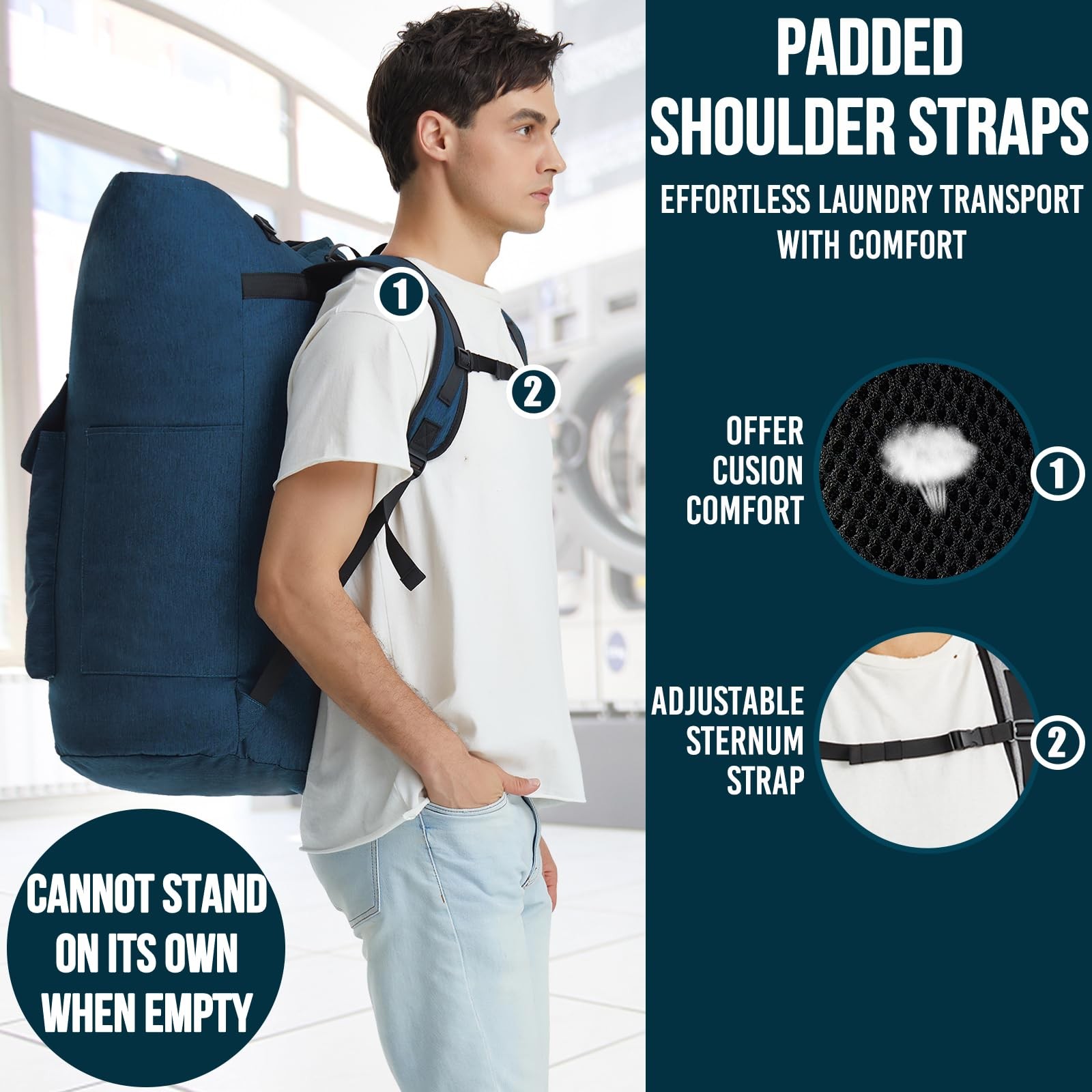 115L Heavy Duty Laundry Backpack w/Straps, XL Bag for Dorm Room, 28-38″H