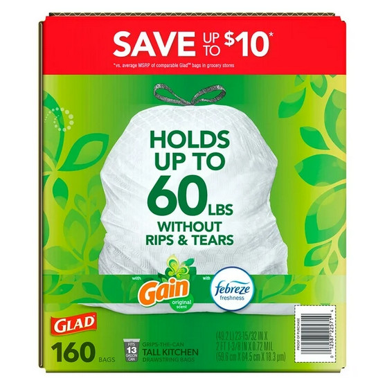 Glad ForceFlex 13 Gal Trash Bags, Gain + Febreze Scent, 160‑Count Roll