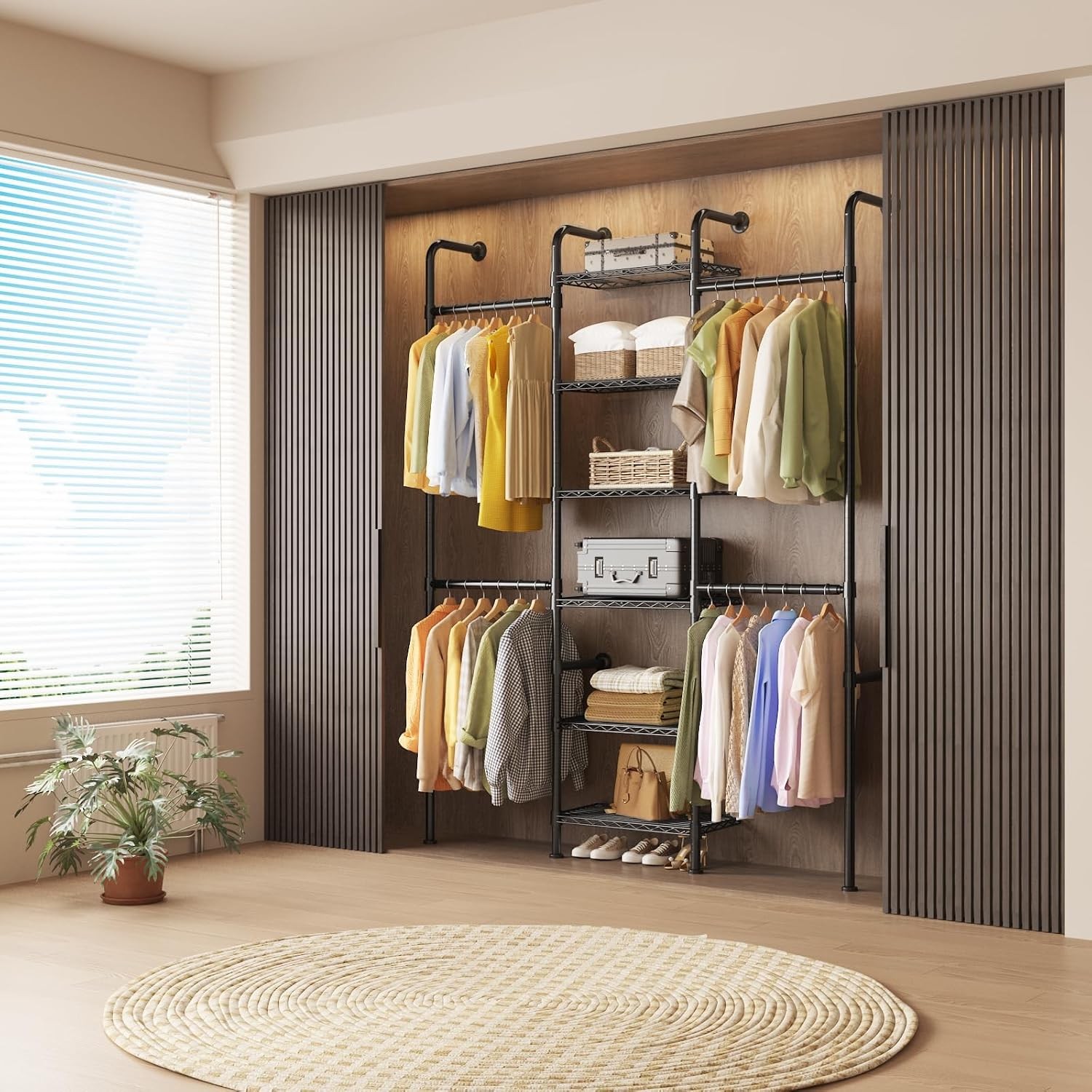 Wall Mounted Garment Rack with 4 Hanging Rods for Clothes Storage 6 Wire Shelves