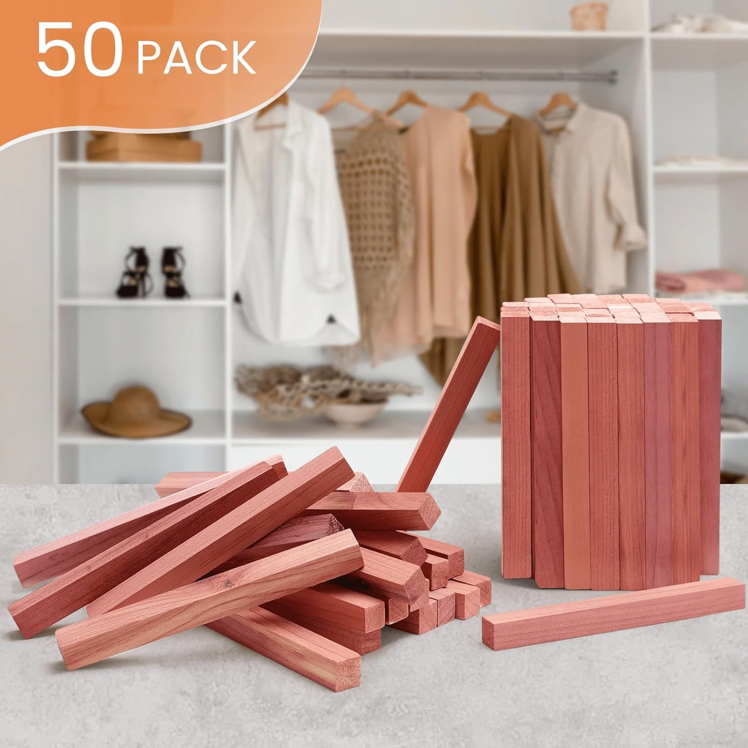 Cedar Blocks for Clothes Storage, 50Pcs Cedar Sticks, Aromatic Red Cedar Wood Ch