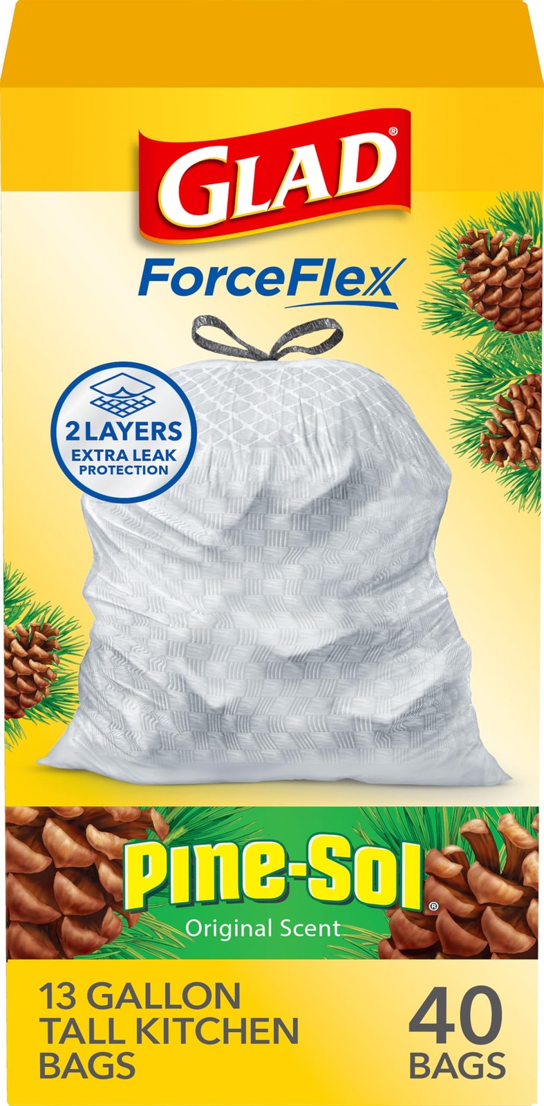 Glad ForceFlex Tall Kitchen Trash Bags 13 Gallon Pine-Sol Original 40 Count