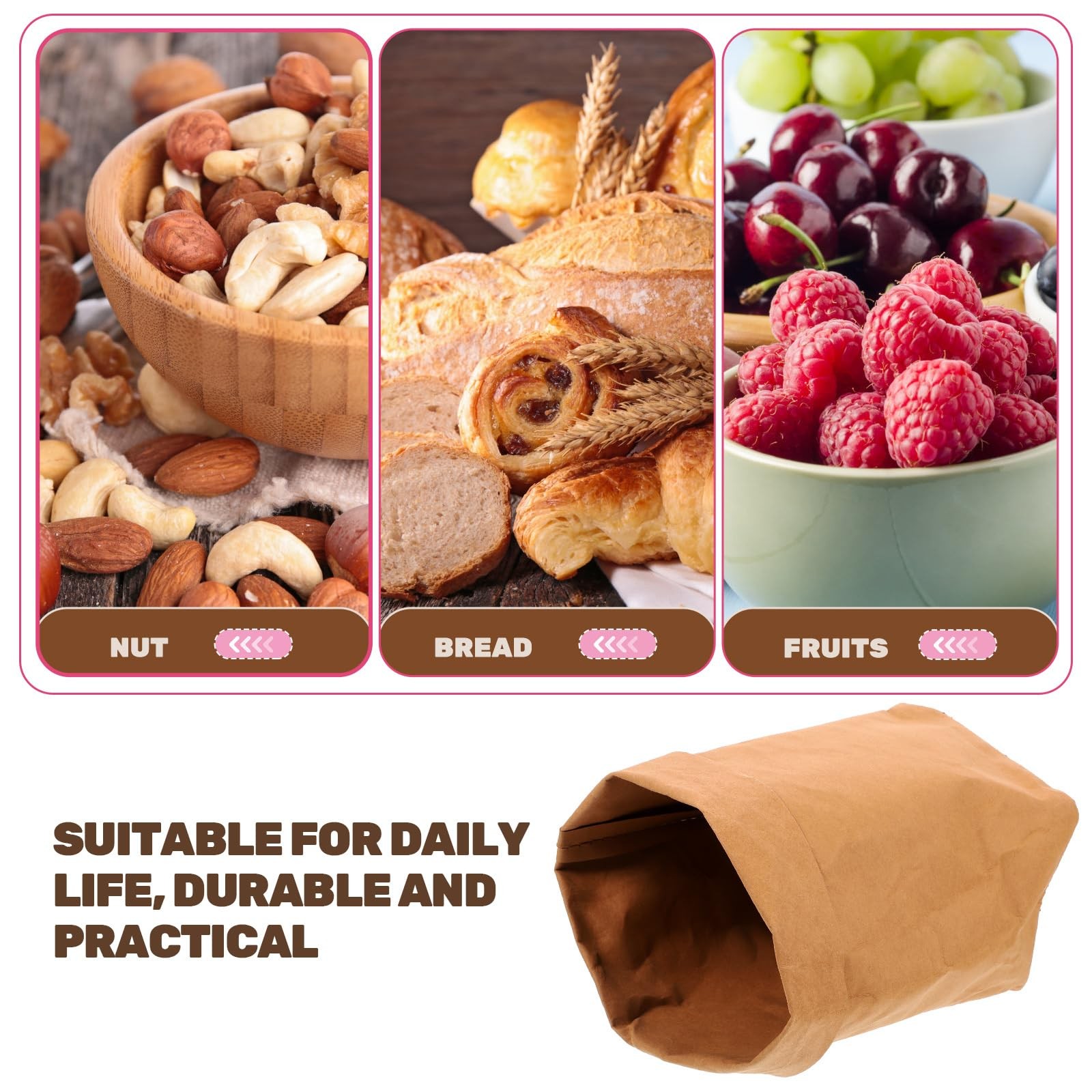 MAGICLULU Washable Kraft Paper Storage Bags for Food 23X22CMx3pcs, Brownx3pcs