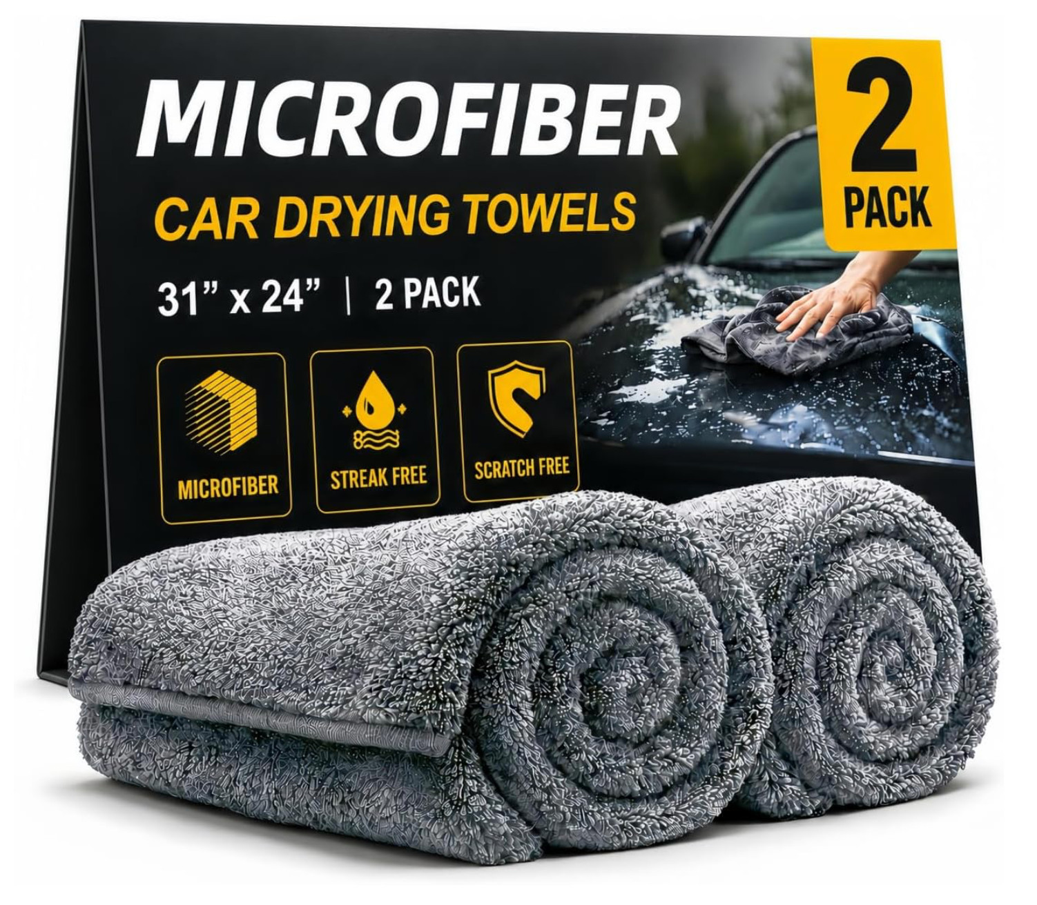 2 Pack Professional Large Microfiber Car Drying Towels (31″ X 24″), Scratch Free