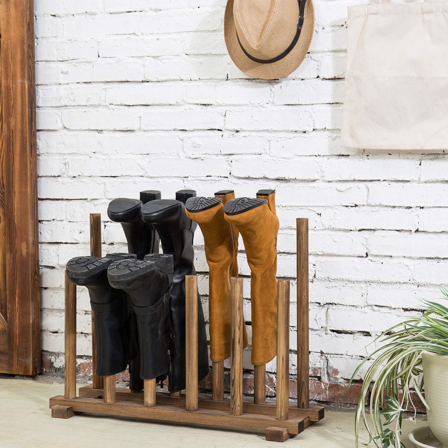 MyGift Rustic Burnt Brown Solid Wood Floor Standing Boot Holder Rack