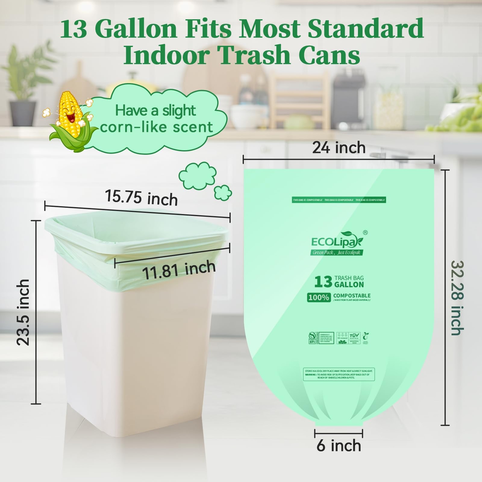 13 Gallon Compostable Trash Garbage Bags, 50 Count (1 Roll) Biodegradable Hea…