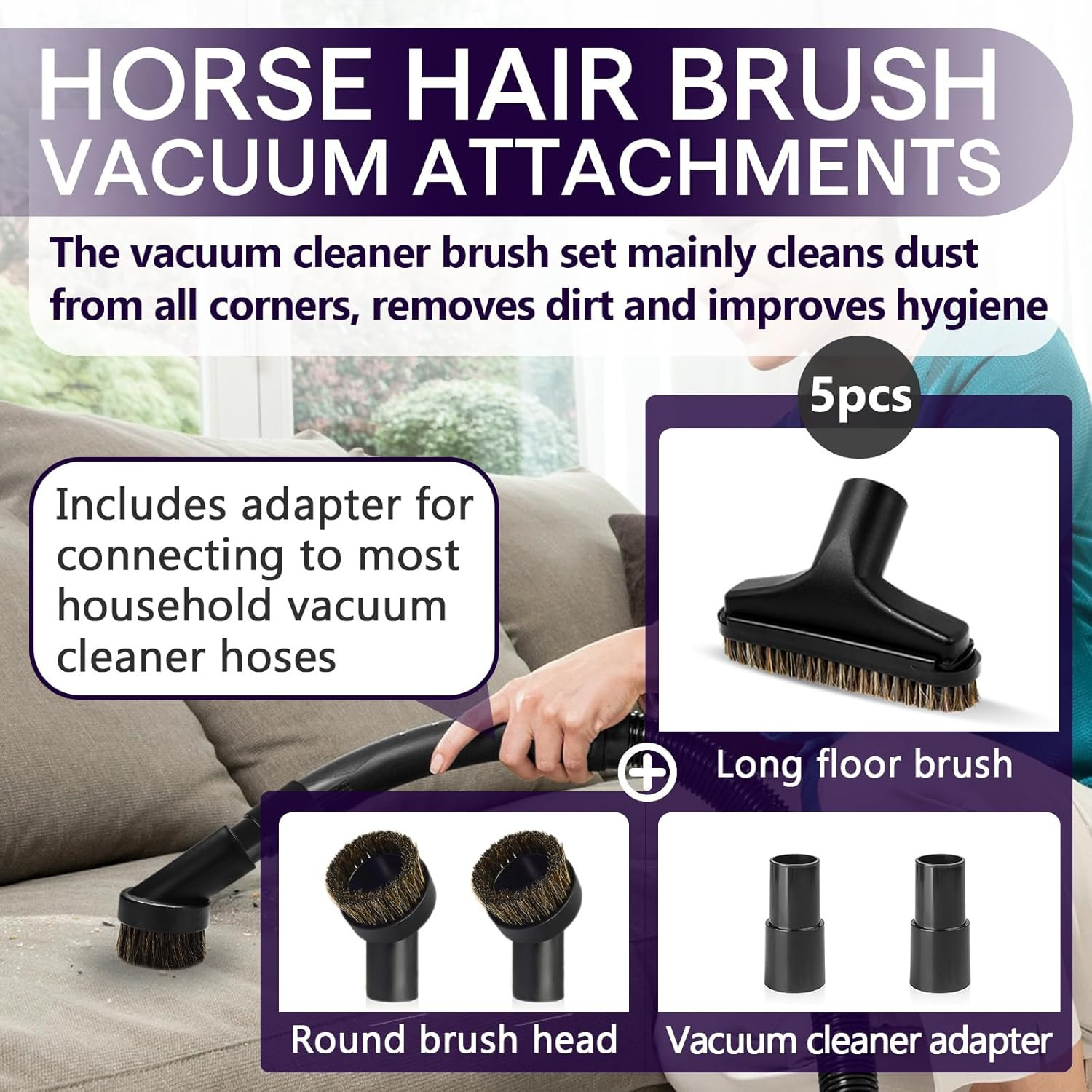 5PCS Horse Hair Brush Vacuum Attachment Set – Black round Vacuum Attachments & B