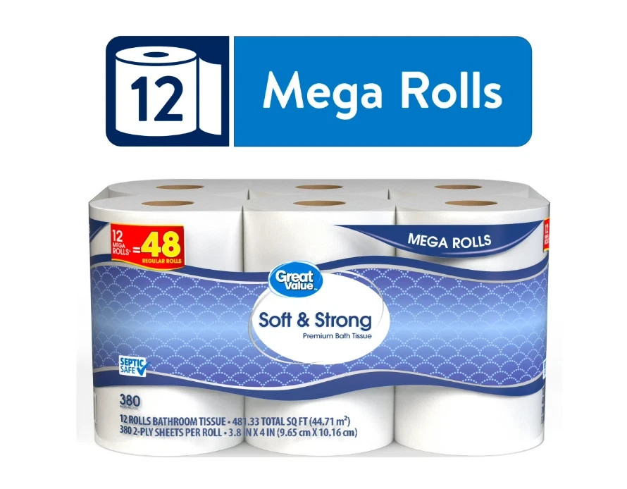 Great Value Soft & Strong Toilet Paper 12 Mega Rolls 380 Sheets Roll