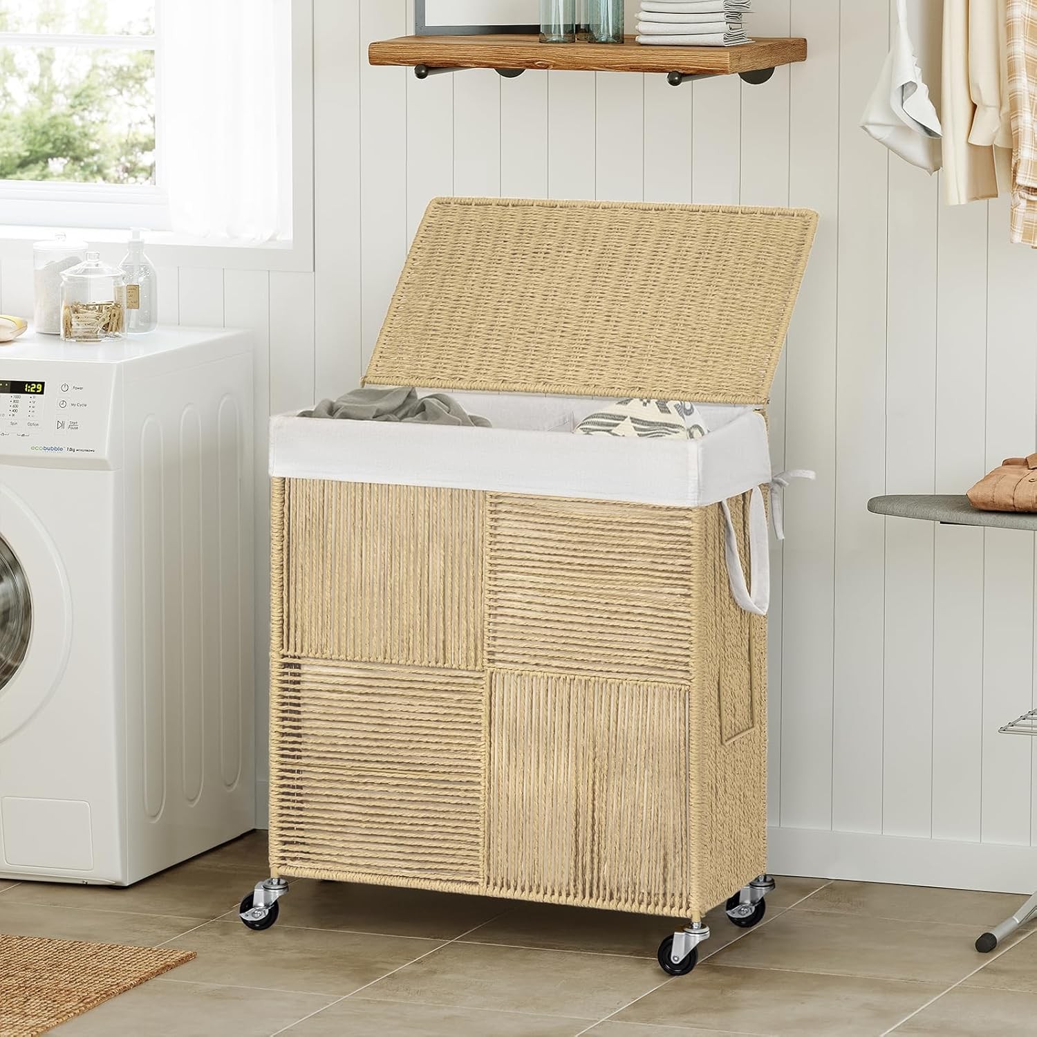 Double Laundry Hamper Lid Handwoven Rolling Laundry Basket W/ Wheels 115L
