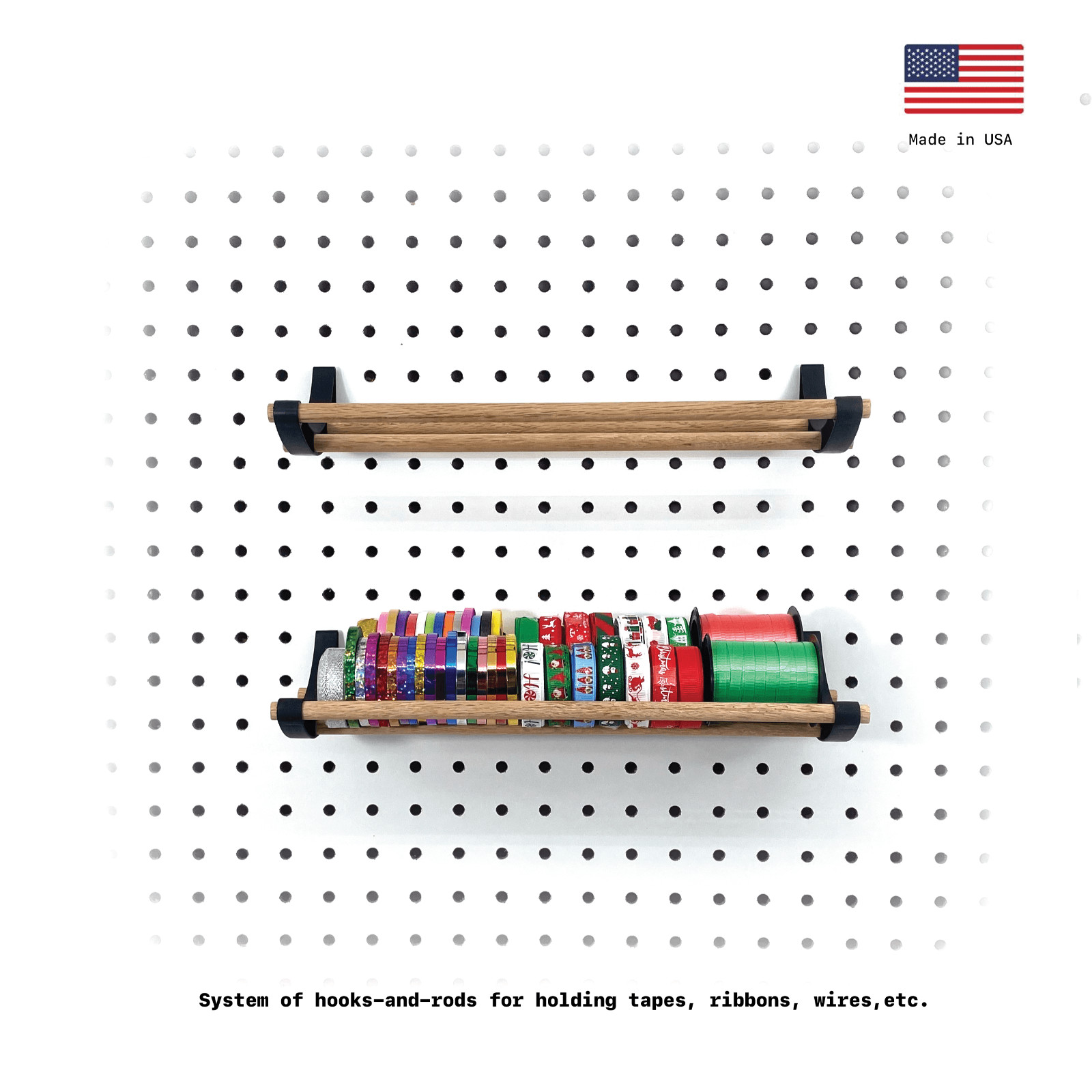 Tape holder and organizer for pegboards, great for tapes, wires and ribbons