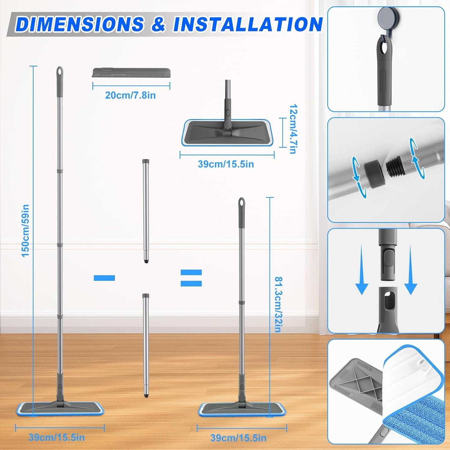 Microfiber Floor Mop Flat Cleaning Tool with 4 Washable Pads Adjustable Handle