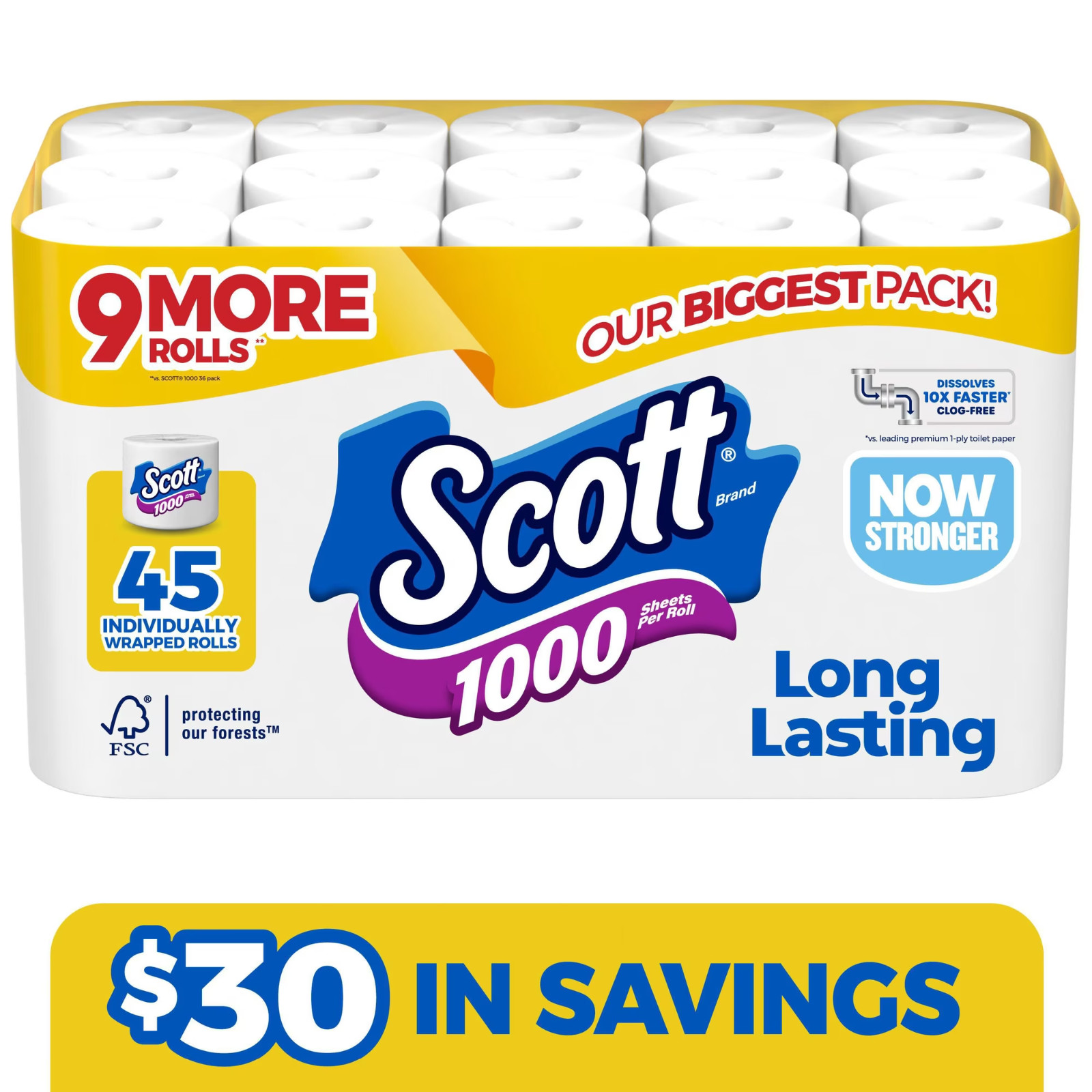 Scott 1000 1-Ply Toilet Paper 45 rolls, 1,000 sheets/roll