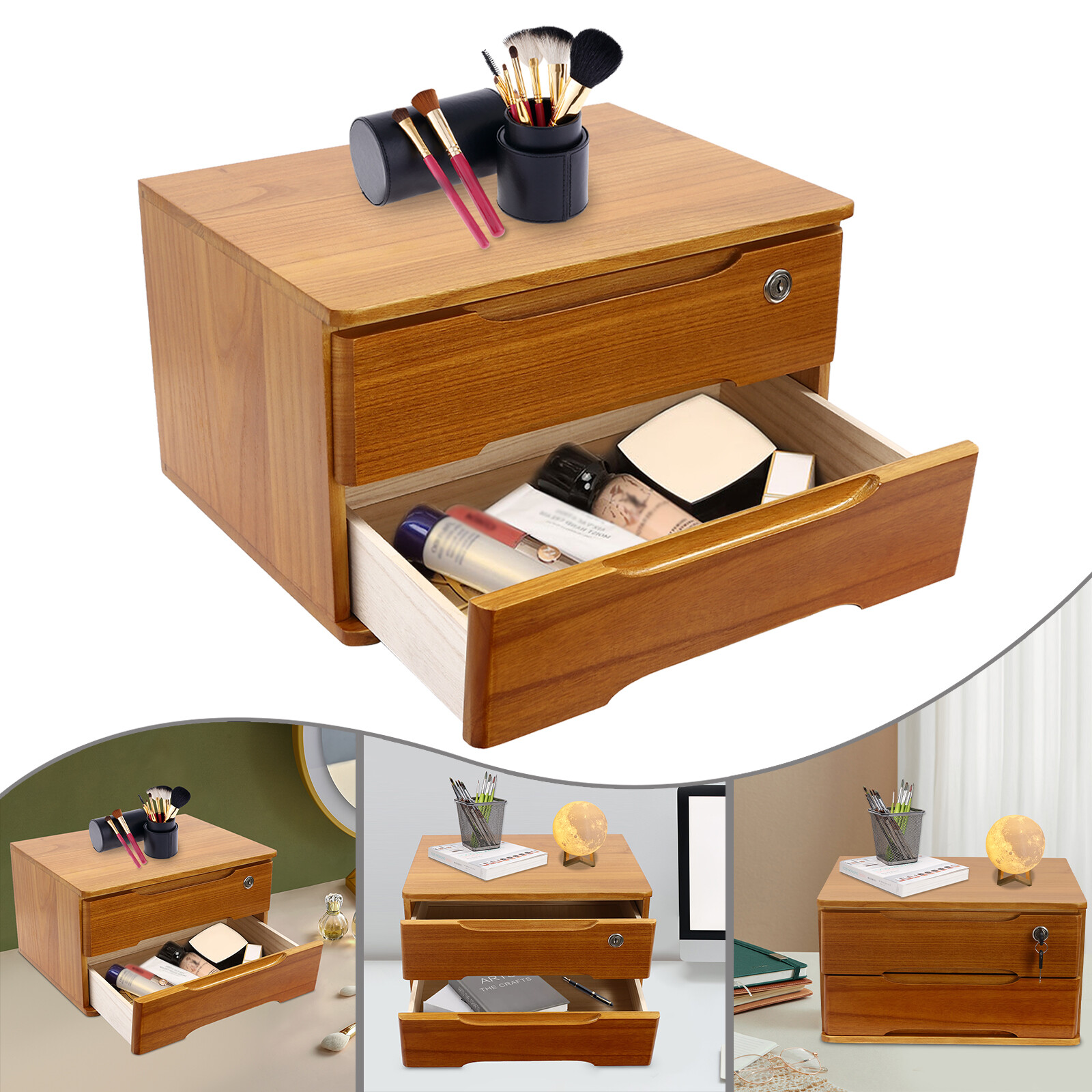 2 Tiers Wooden Tabletop Organizer Box Lockable Desktop Storage Cabinet w/Drawers