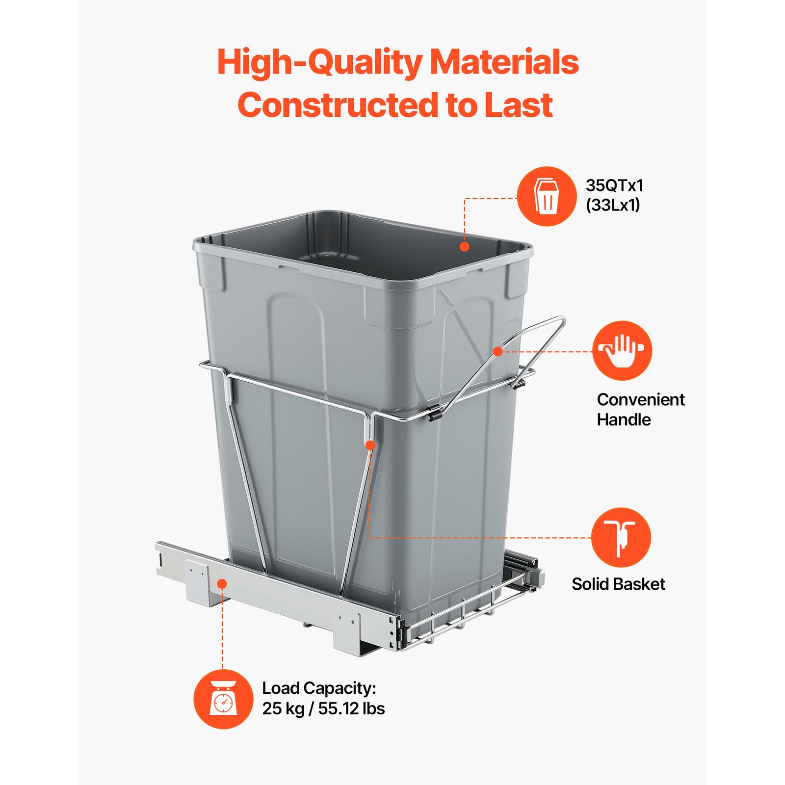 35QT Pullout Waste Container Under Cabinet Kitchen Garbage Bin Trash Can