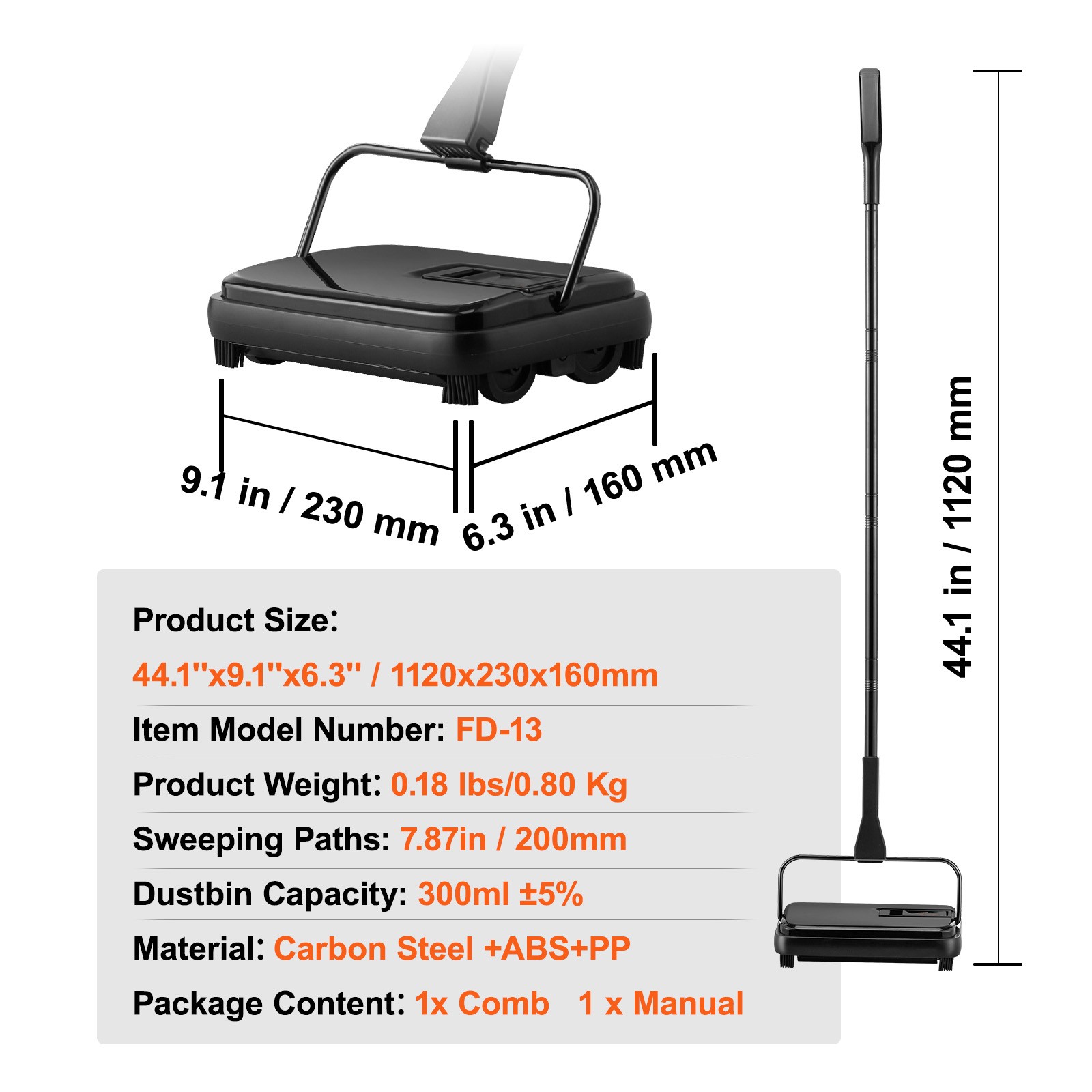VEVOR Carpet Sweeper Floor Sweeper Manual 7.87 in Sweeping Paths Non Electric