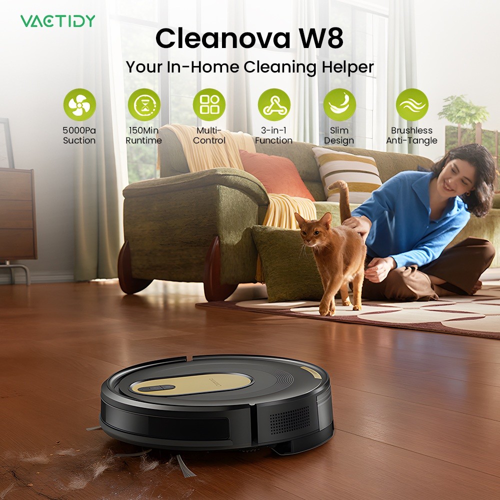 Vactidy W8 Robot Vacuum and Mop 5000Pa Suction,150-Min Runtime,App/Voice Control