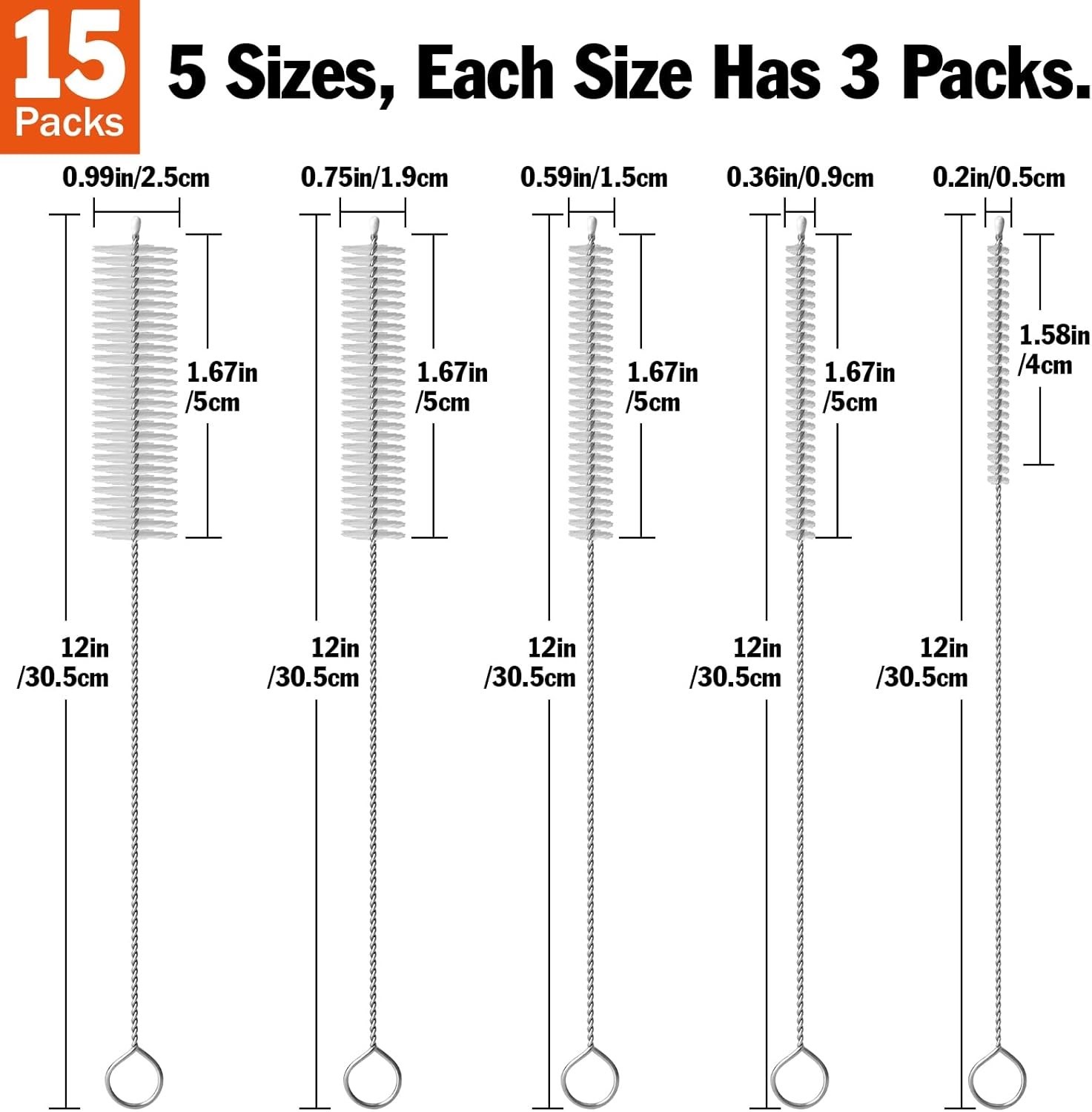 Juego de 15 cepillos reutilizables para limpiar pajitas, 30 cm extra largos
