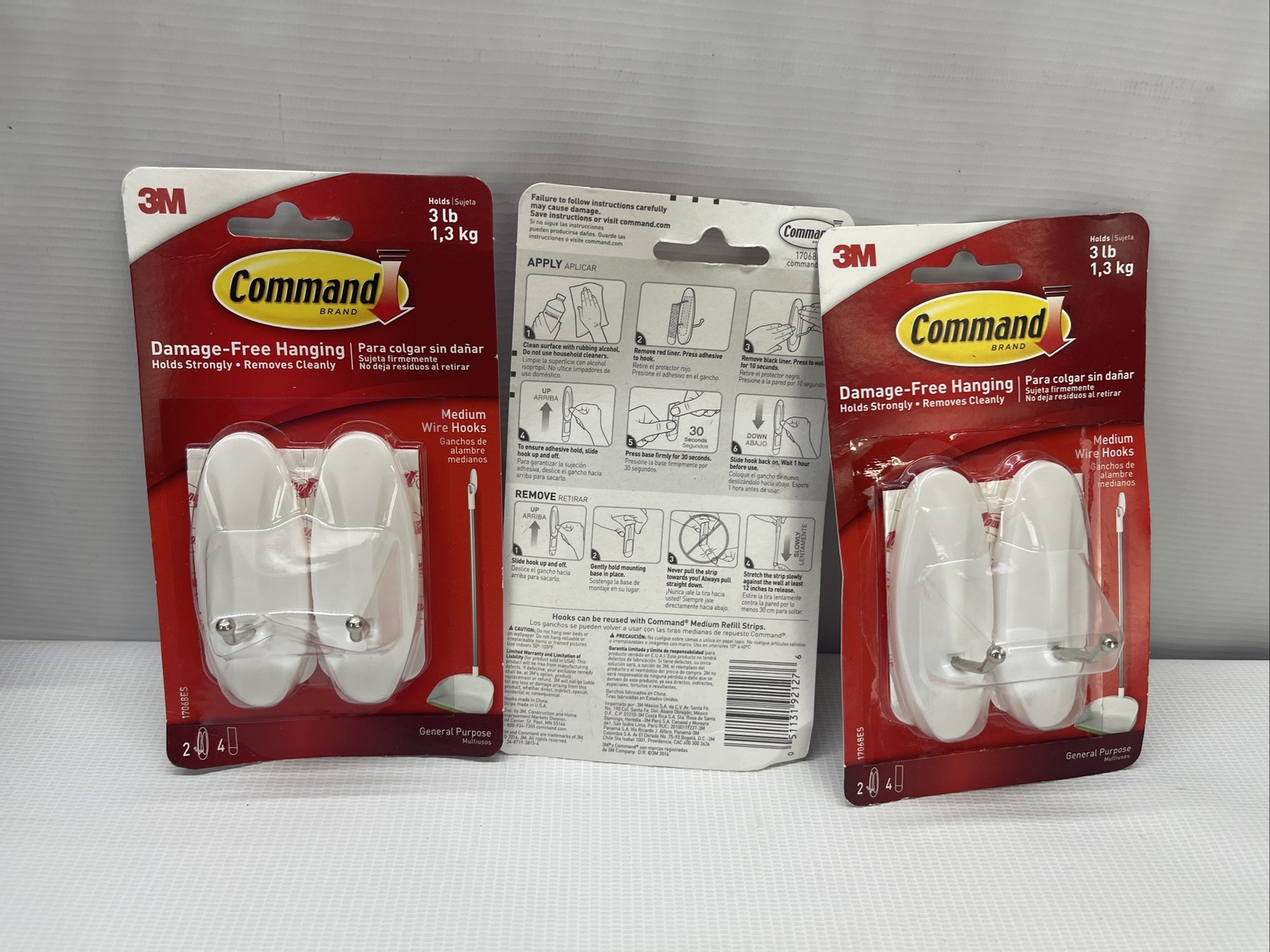 3 X 3M Command Medium Wire Hooks – 2 Hooks 4 Strips EACH – Holds 3 lbs – White