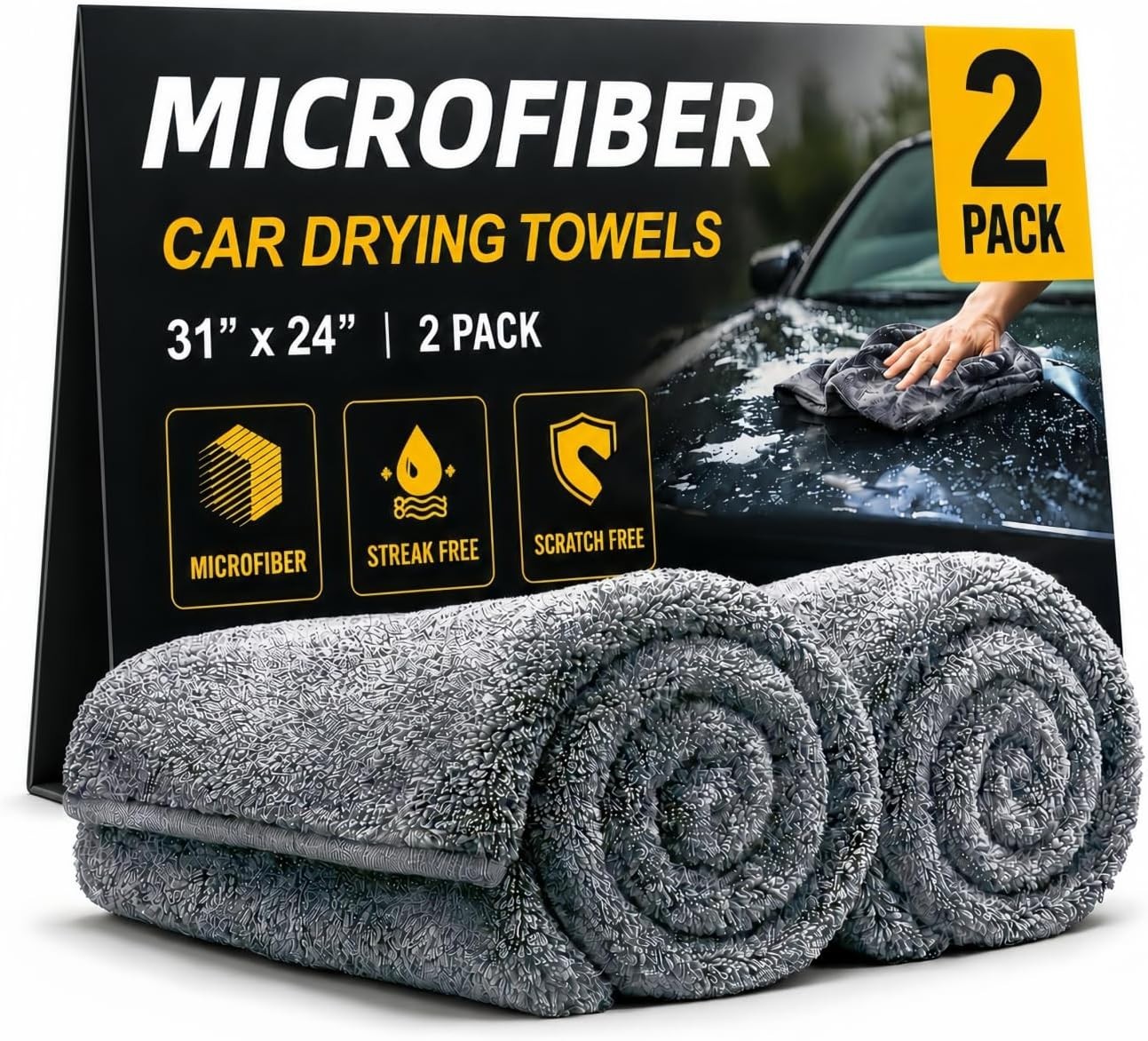2 Pack Professional Large Microfiber Car Drying Towels (31″ x 24″), Scratch Free