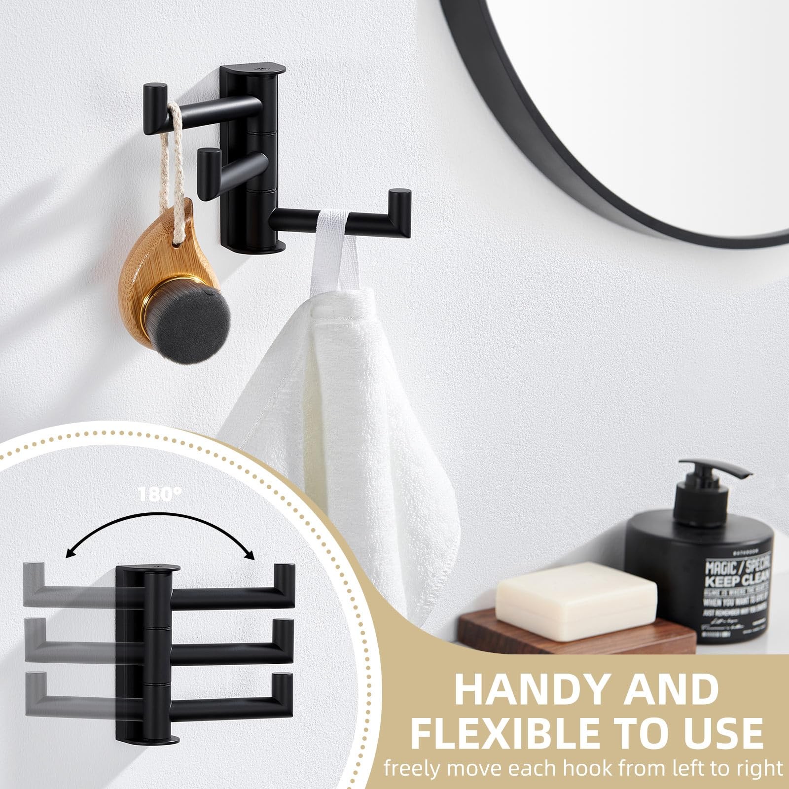 Swivel Towel Hook 3 Arms, SUS 304 Stainless Steel Foldable Bathroom Robe Towel H