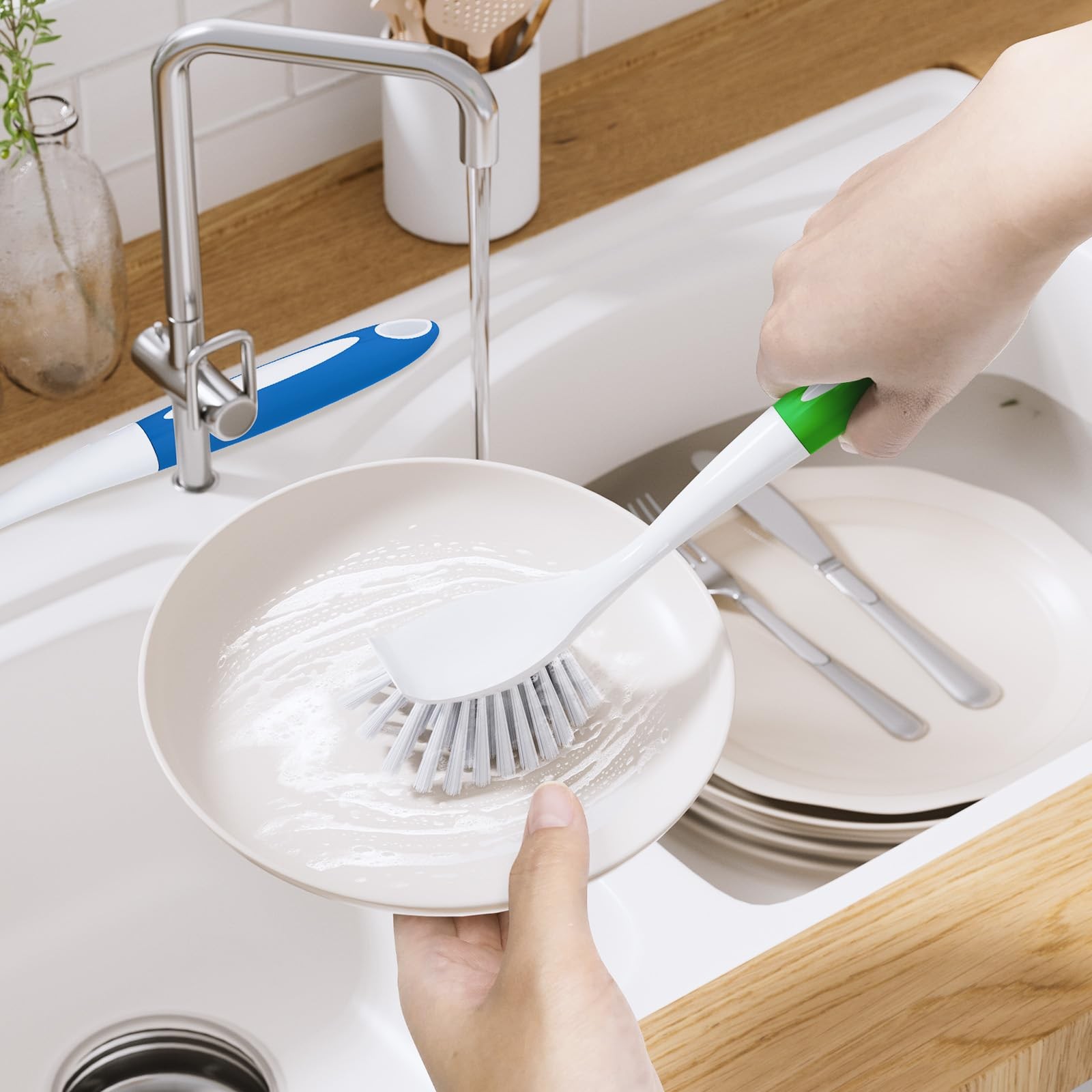2 Pack Kitchen Dish Scrub Brushes with Handle Stiff Bristle Cleaning Brushes