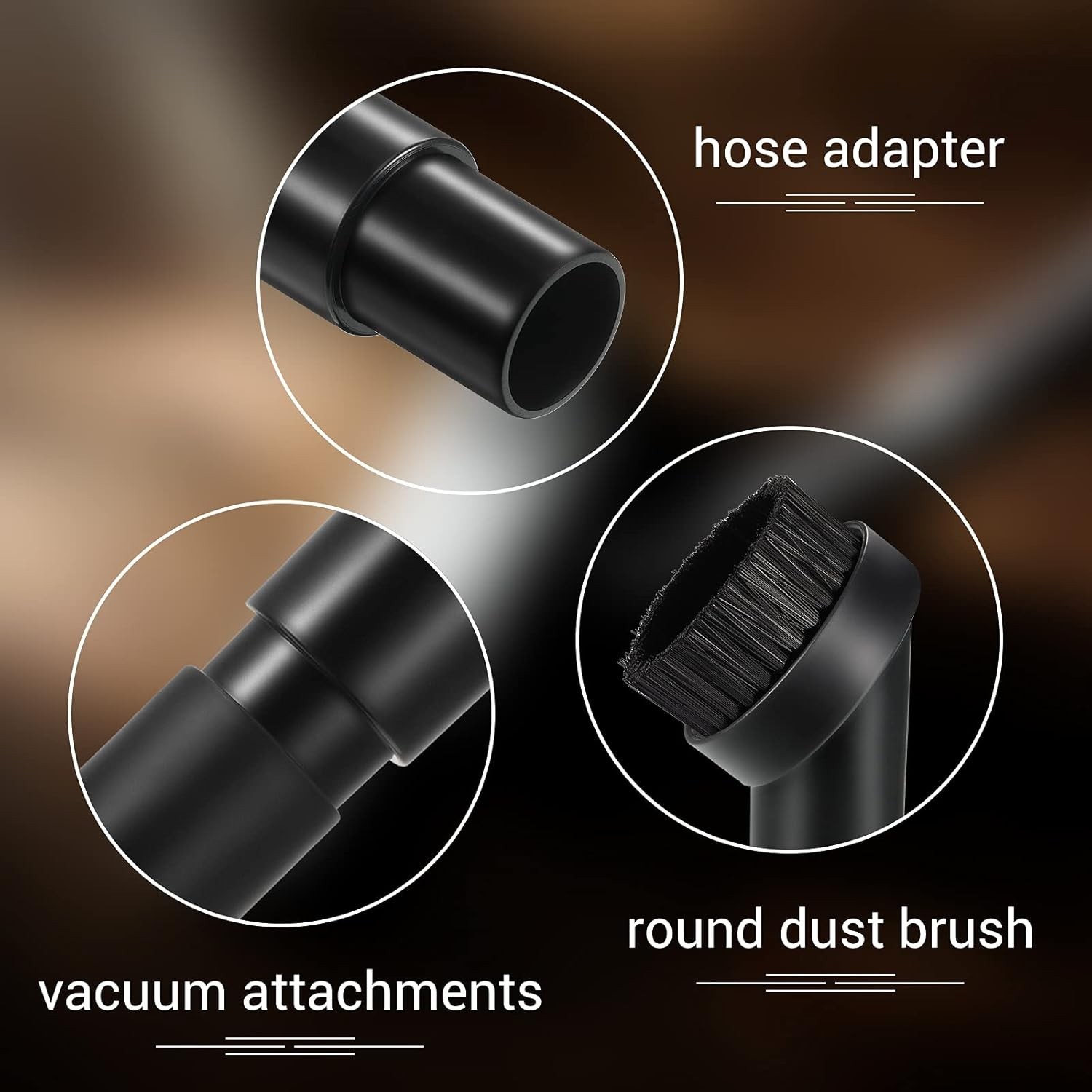 3-Pc Round Dust Brush Set with Hose Adapter for 1.25-Inch Vacuum Attachments